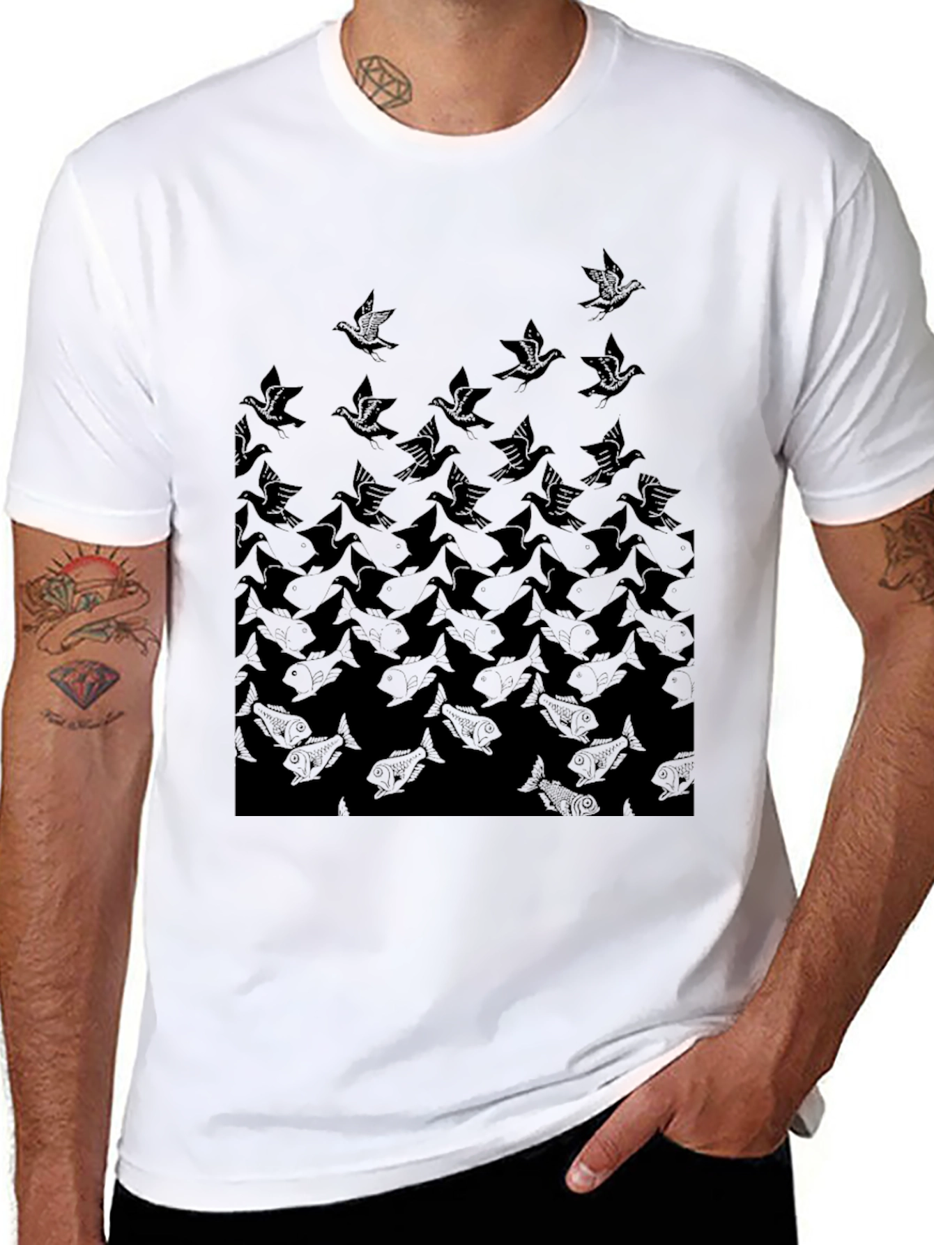 Escher-Inspired Bird & Fish Graphic Tee