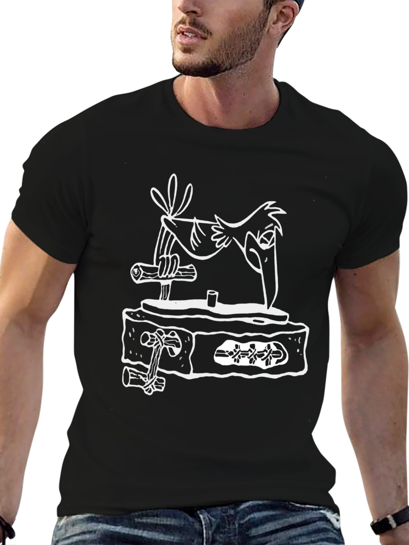 Cartoon Crow on Woodcut Style Graphic Tee