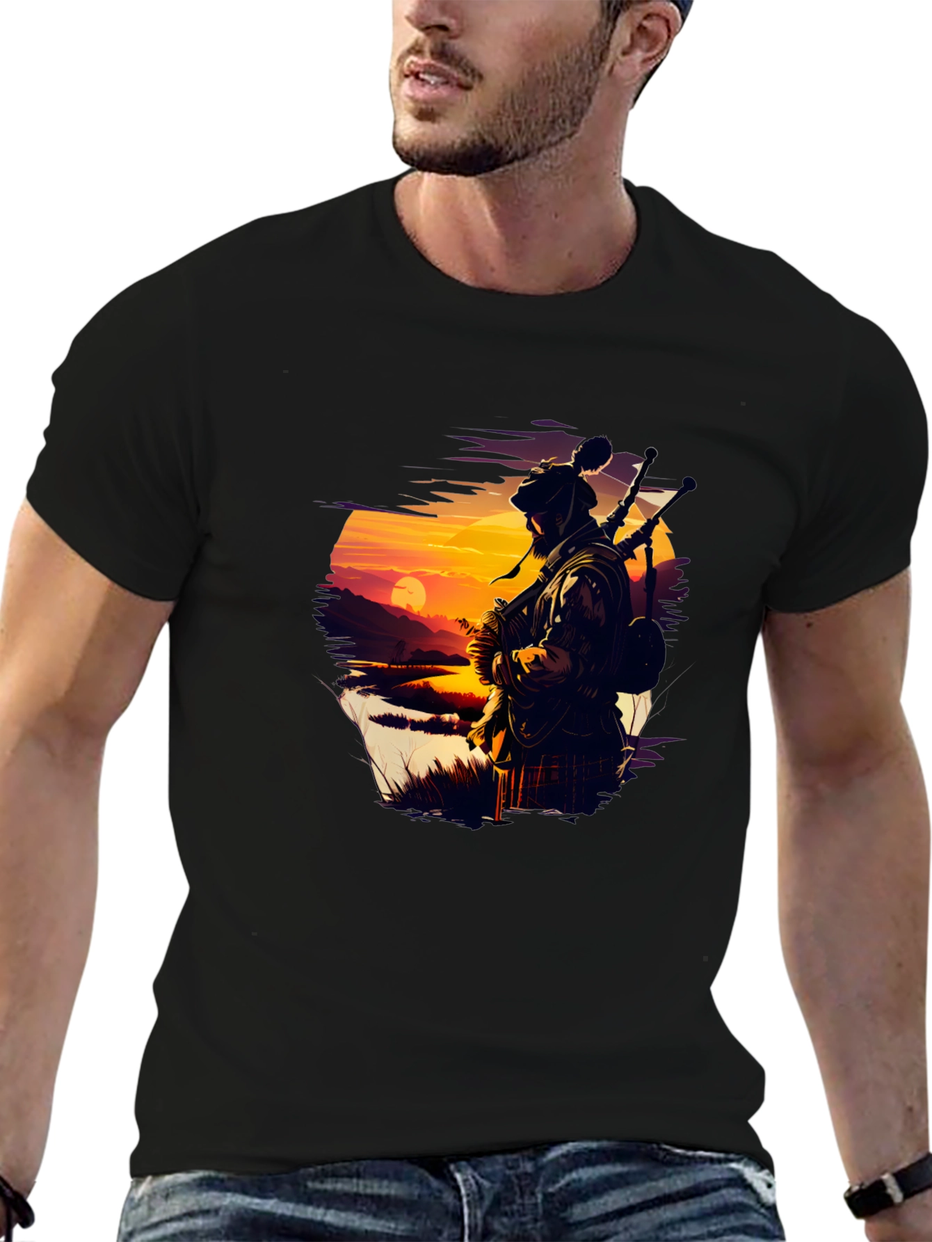 Scottish Piper T-Shirt - Sunset Silhouette Tee