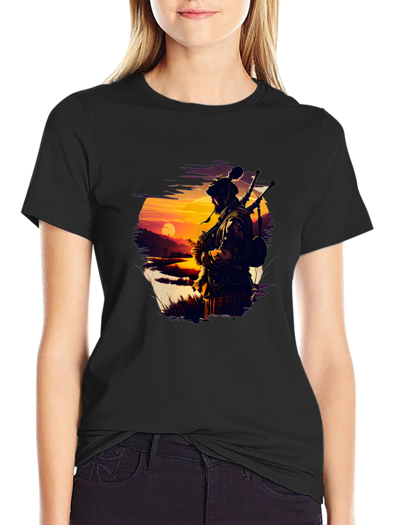 Scottish Piper T-Shirt - Sunset Silhouette Tee