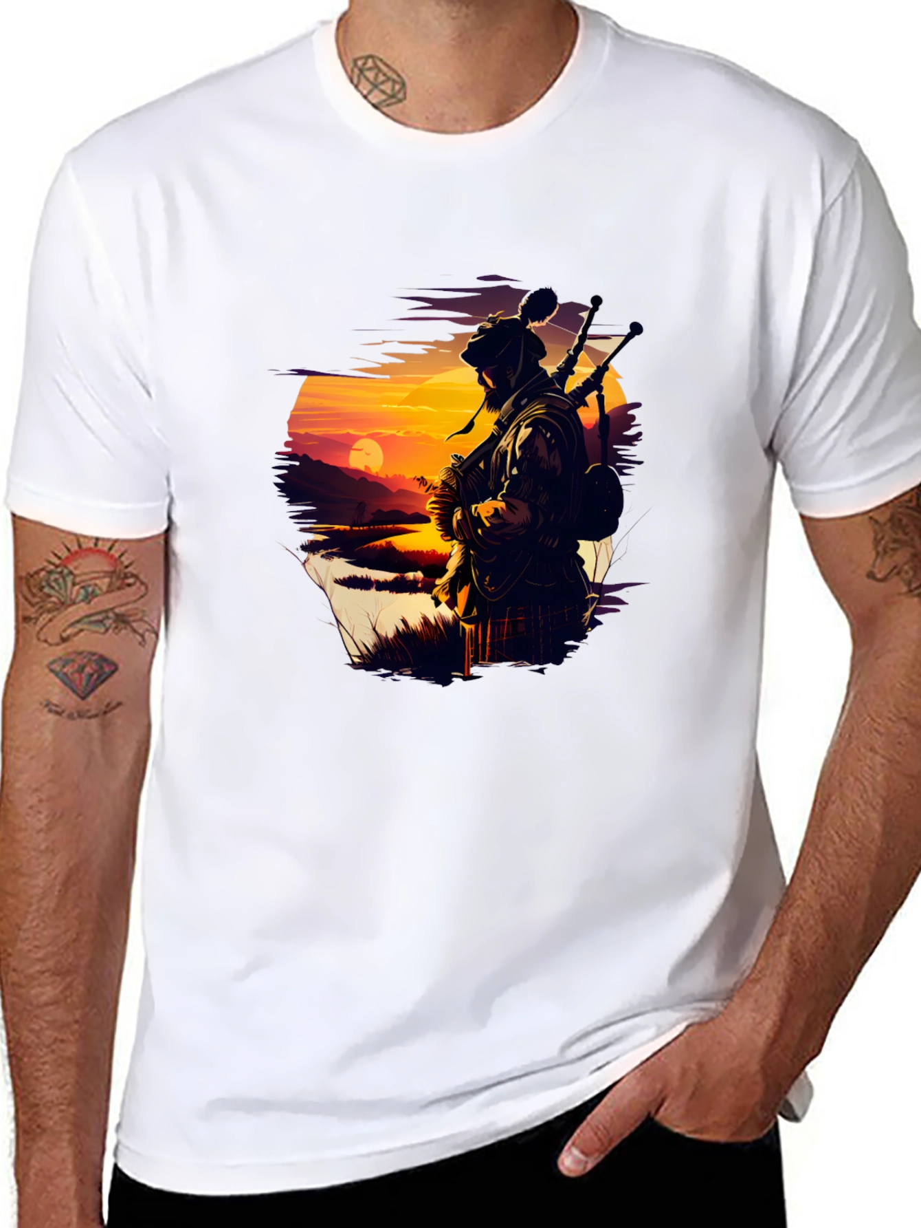 Scottish Piper T-Shirt - Sunset Silhouette Tee
