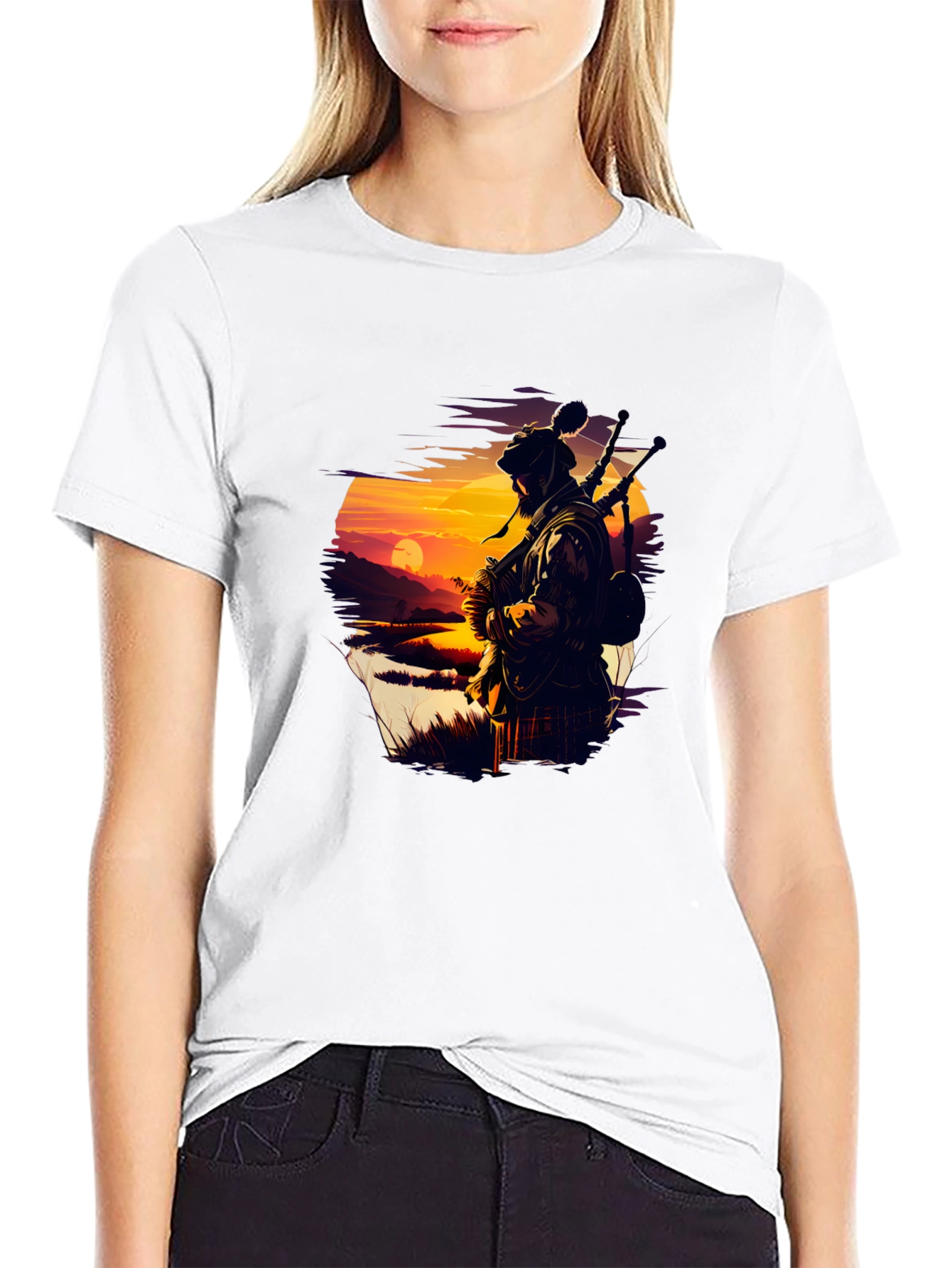Scottish Piper T-Shirt - Sunset Silhouette Tee