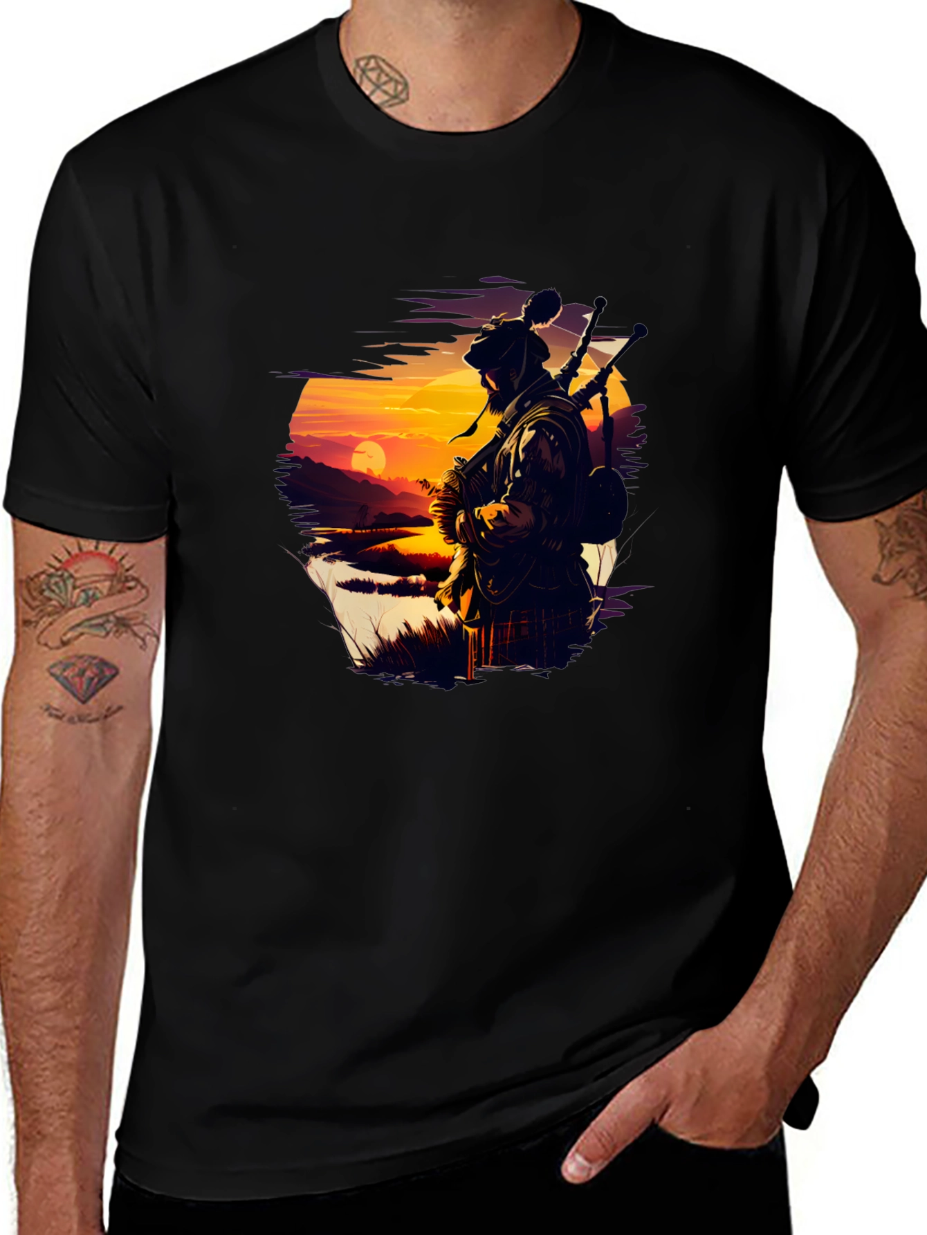 Scottish Piper T-Shirt - Sunset Silhouette Tee