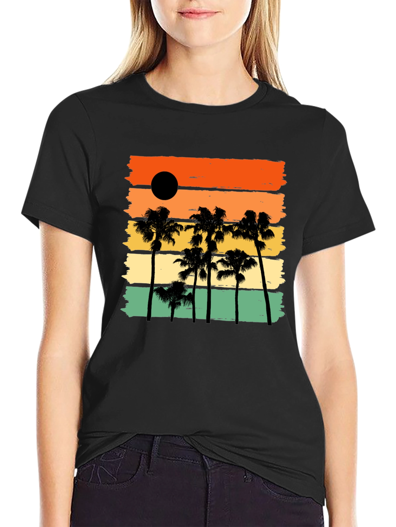 Sunset Palm Tree Black Graphic T-Shirt