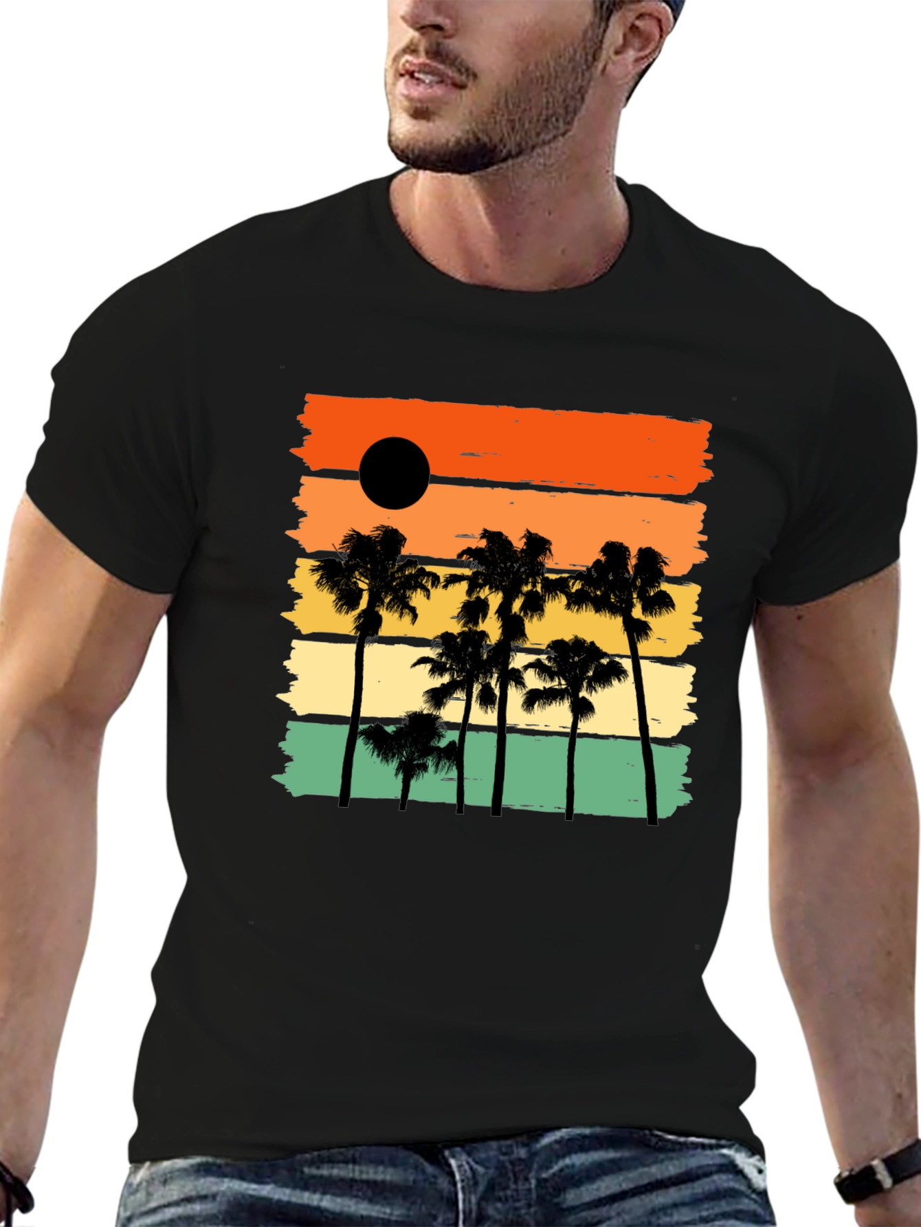 Sunset Palm Tree Black Graphic T-Shirt