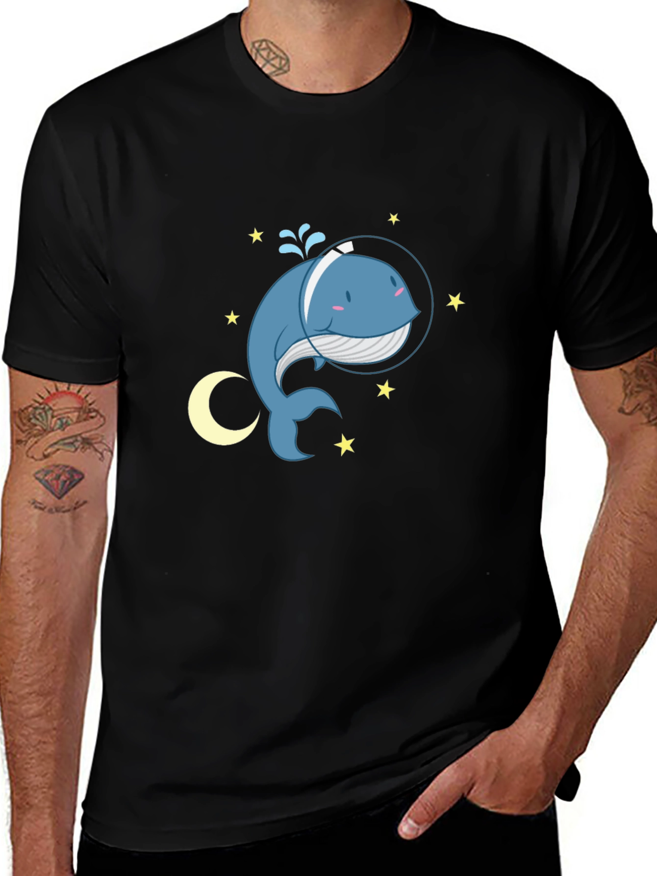 Cute Cartoon Whale in Space T-Shirt - Black