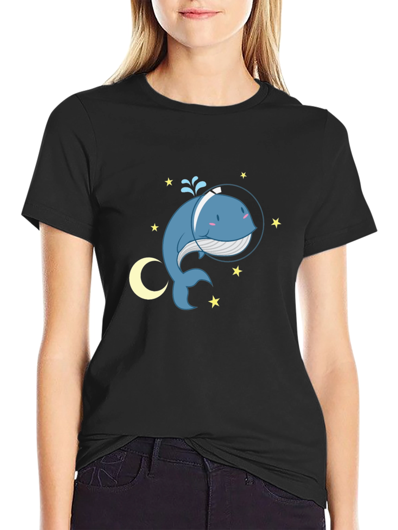 Cute Cartoon Whale in Space T-Shirt - Black