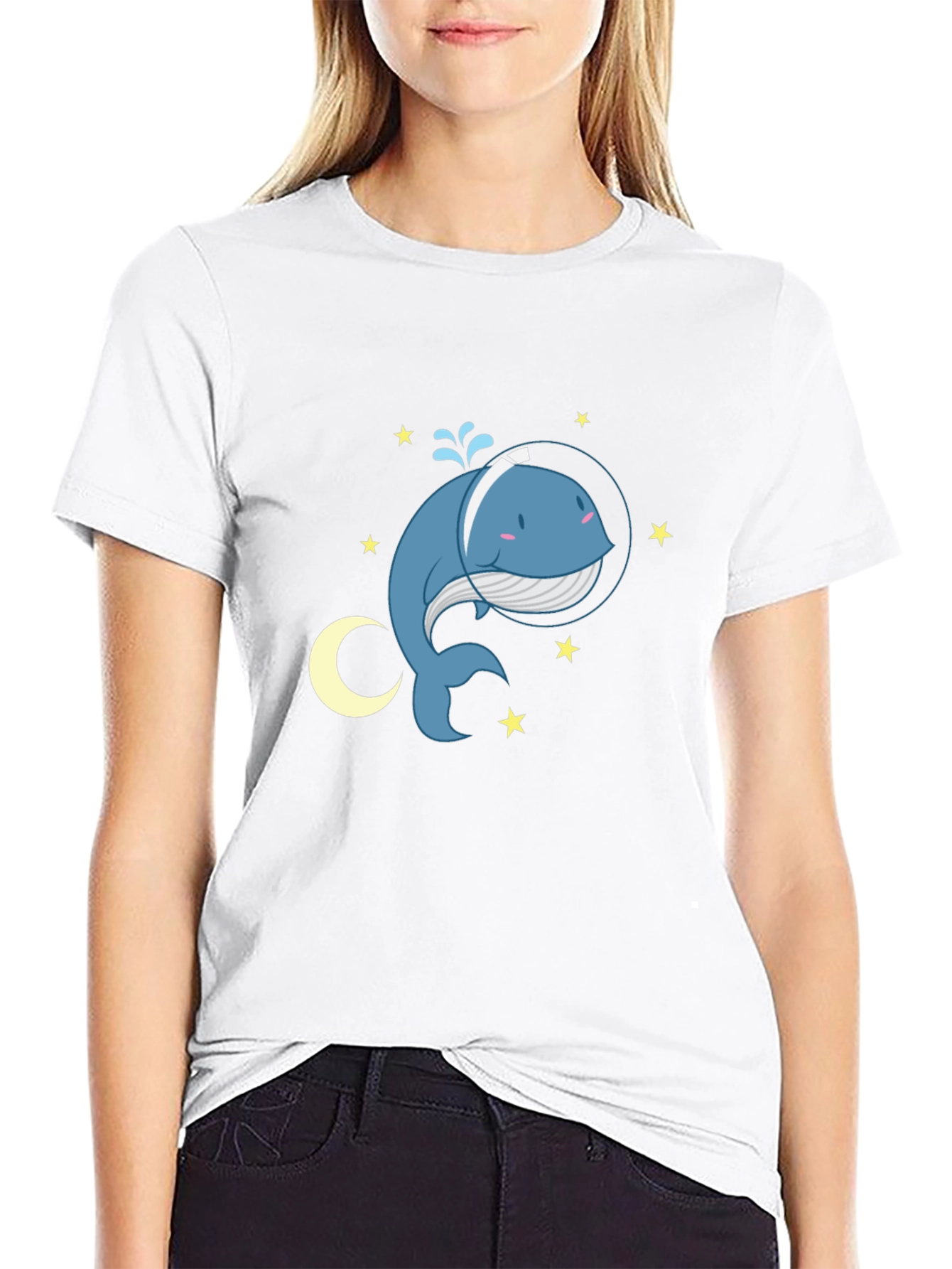 Cute Cartoon Whale in Space T-Shirt - Black