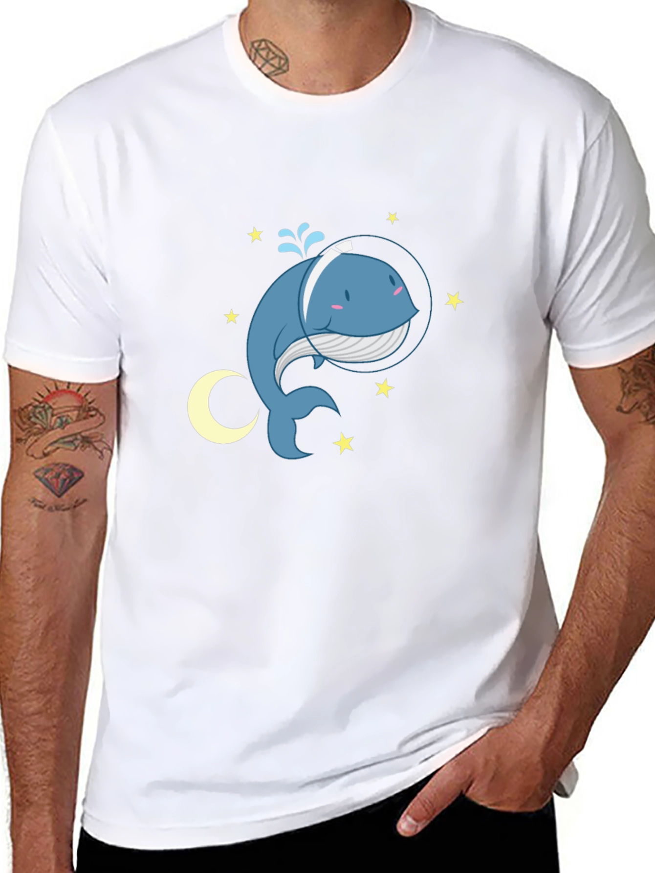 Cute Cartoon Whale in Space T-Shirt - Black
