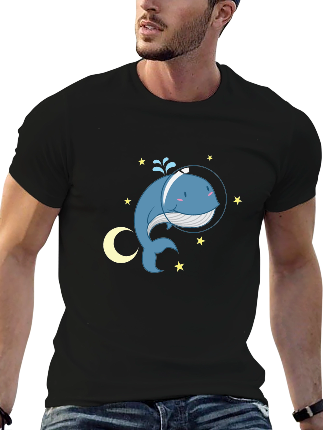 Cute Cartoon Whale in Space T-Shirt - Black