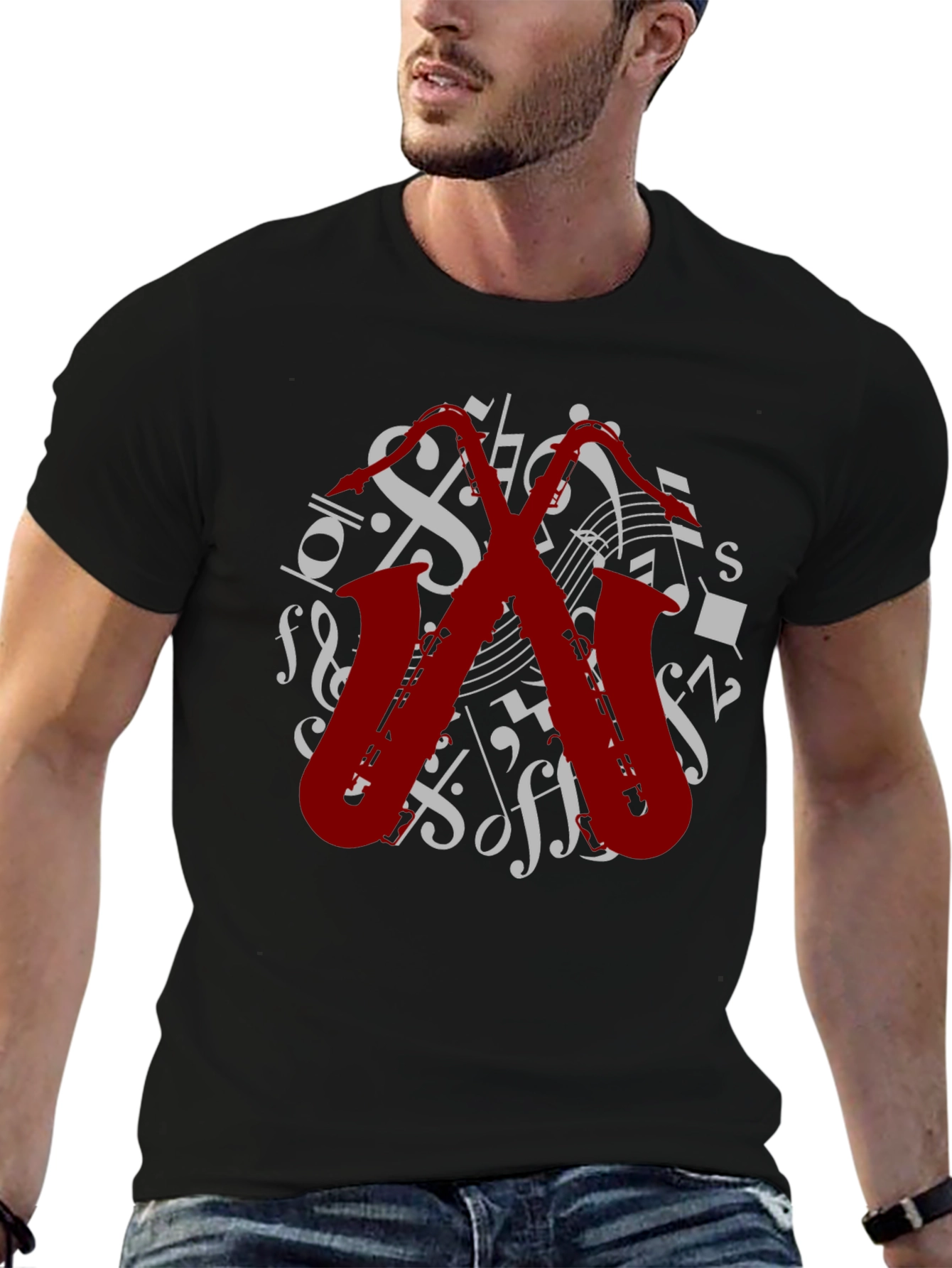 Musical Saxophone Graphic Tee - Black Cotton T-Shirt