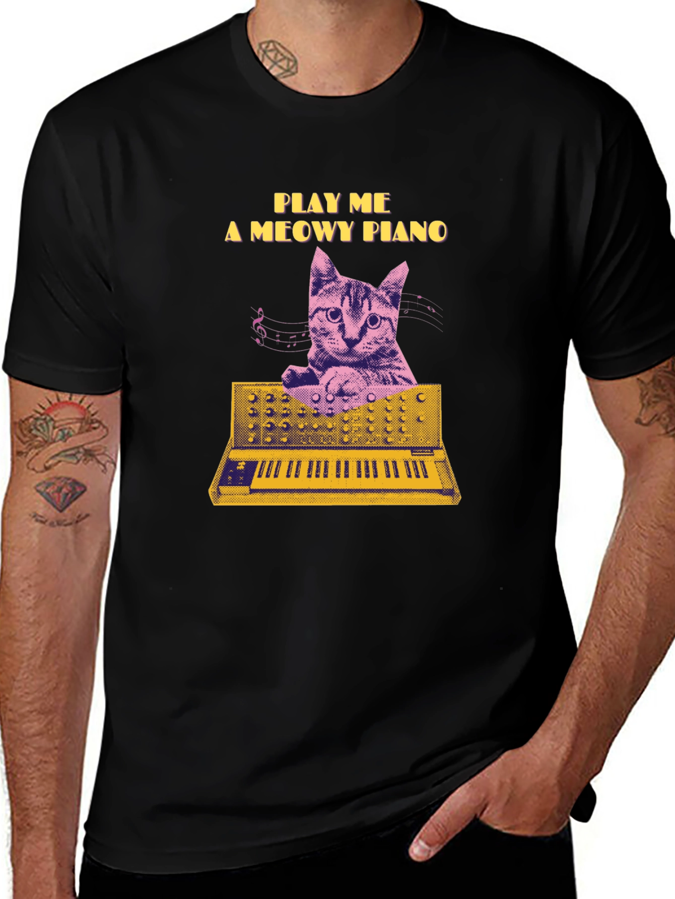 Play Me a Meowy Piano Black T-Shirt