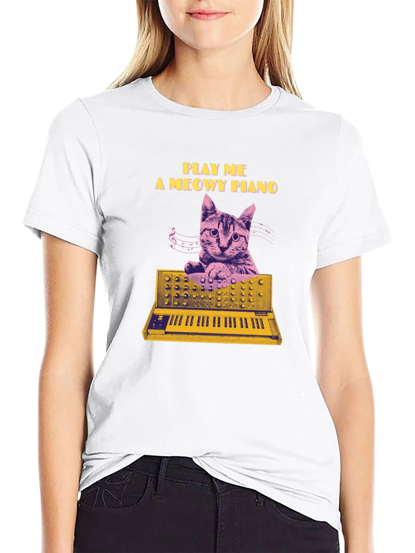 Play Me a Meowy Piano Black T-Shirt