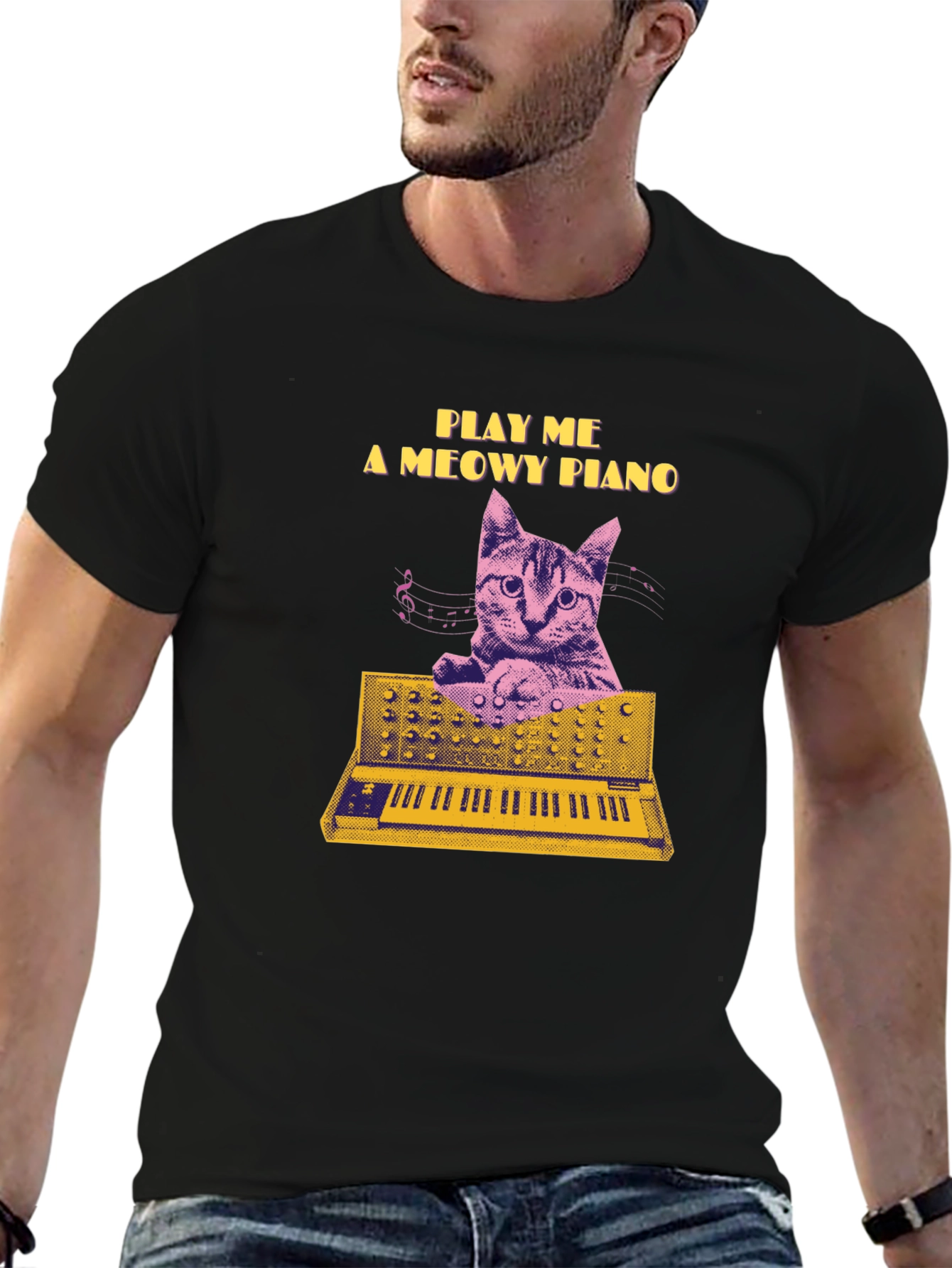 Play Me a Meowy Piano Black T-Shirt