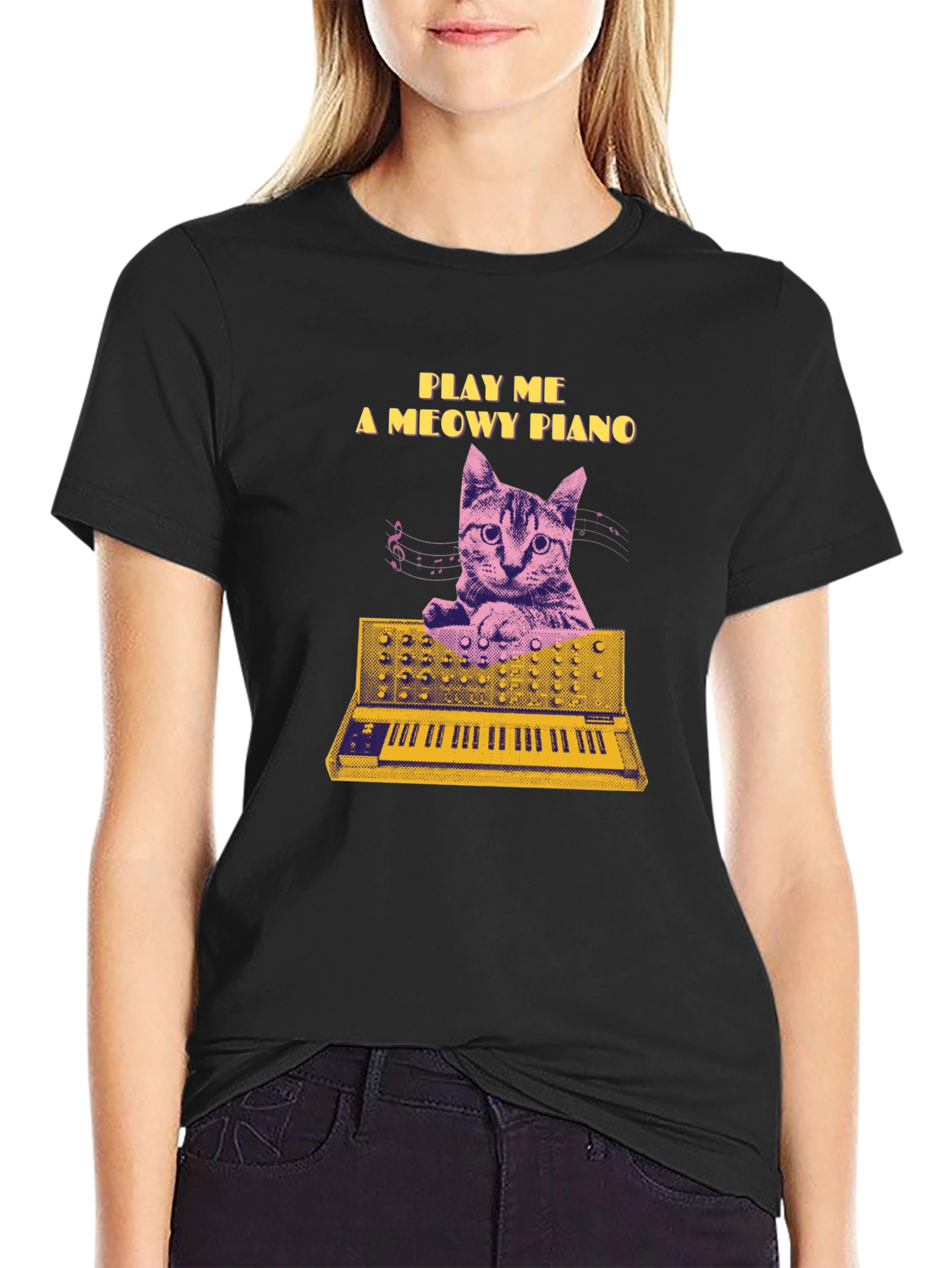 Play Me a Meowy Piano Black T-Shirt