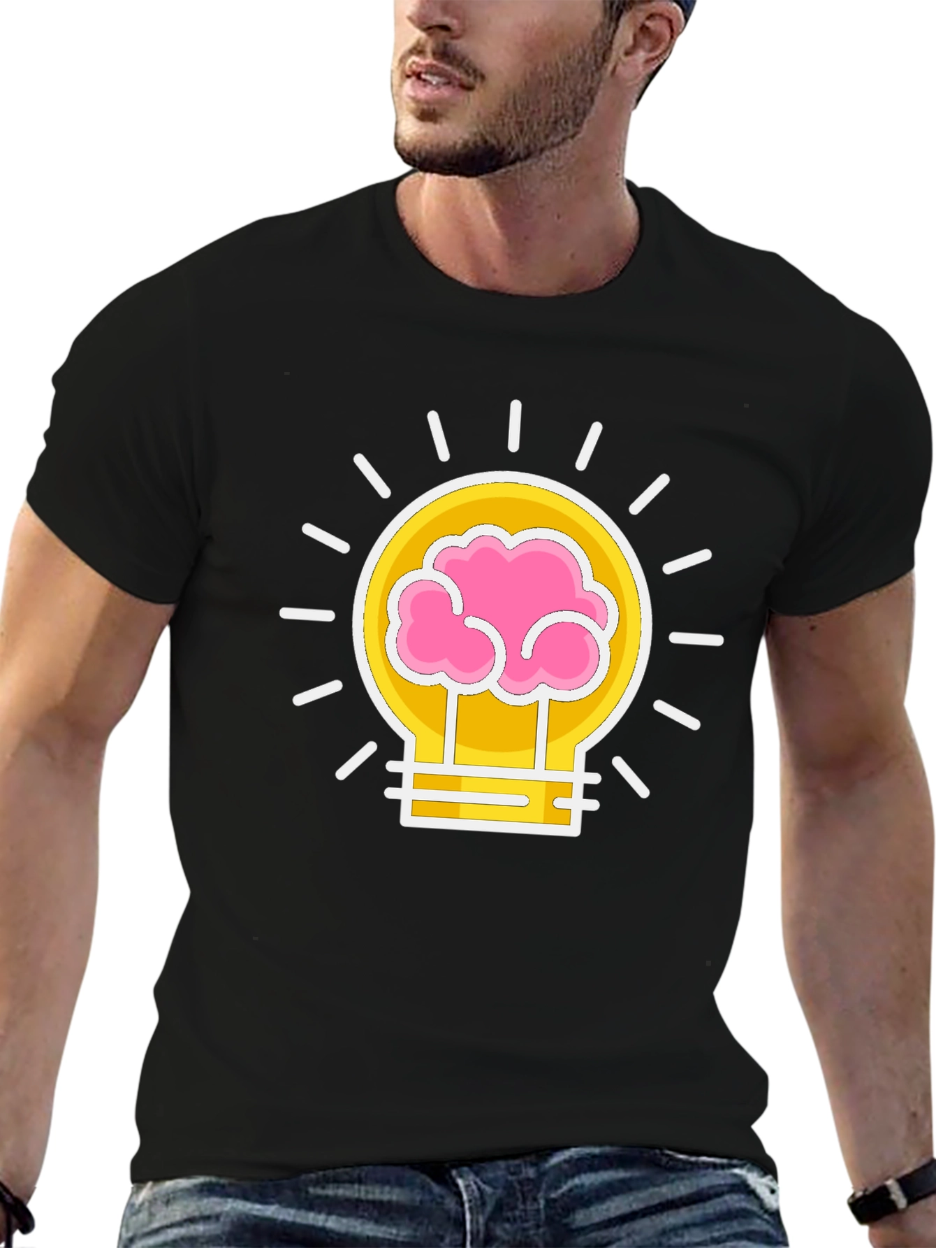 Brain Power Lightbulb Graphic Tee - Black Cotton T-Shirt