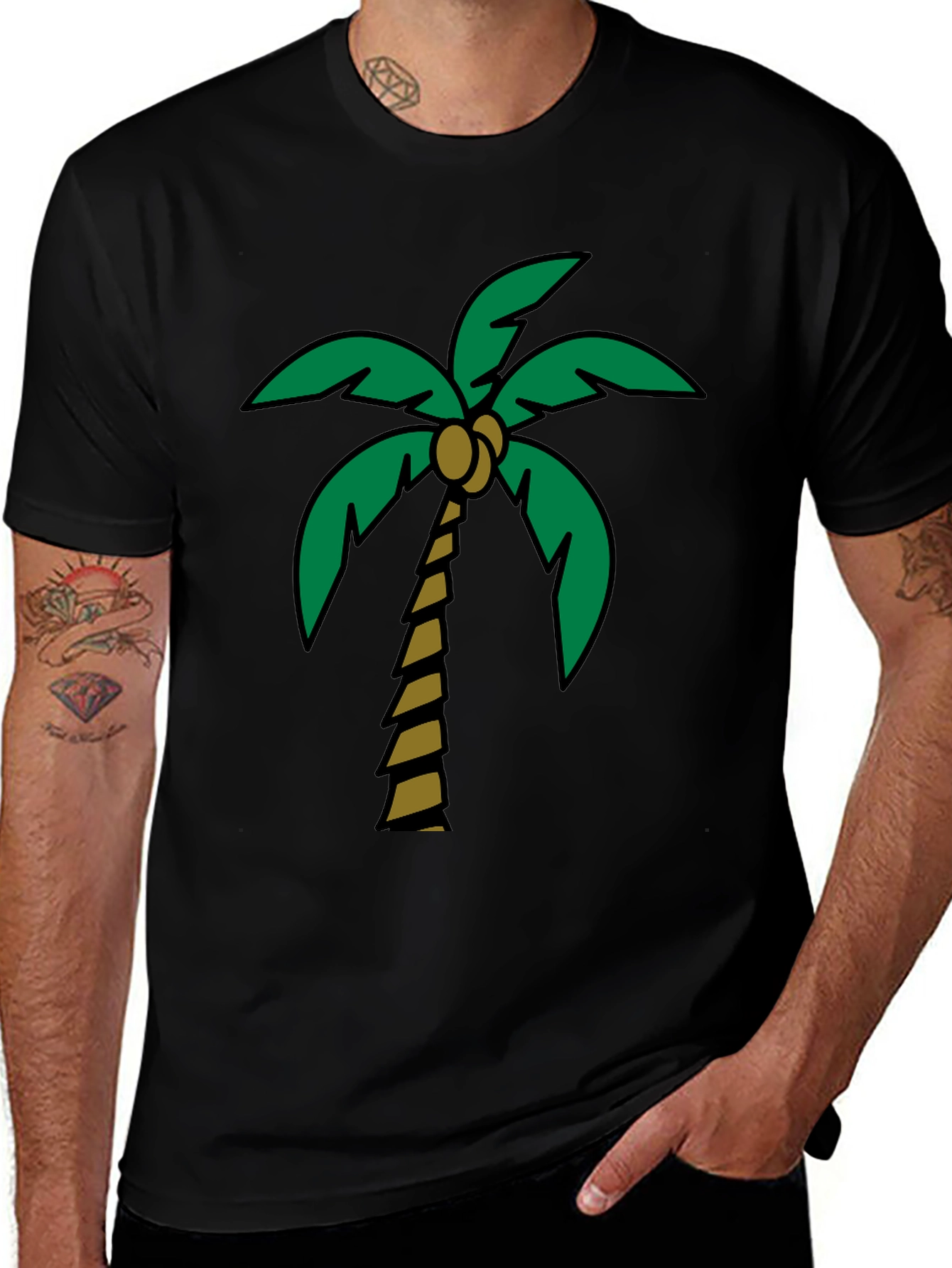 Tropical Palm Tree Graphic Tee - Black Cotton Blend