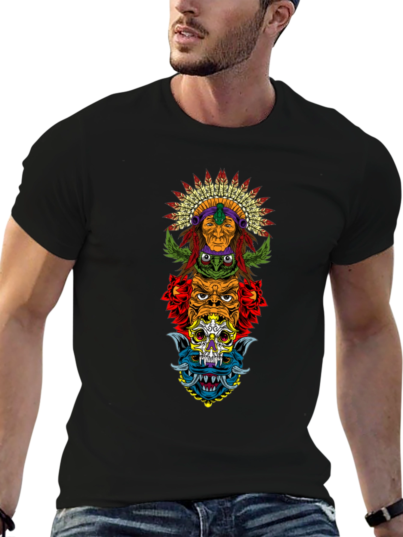 Totem Pole Graphic Print Black T-Shirt
