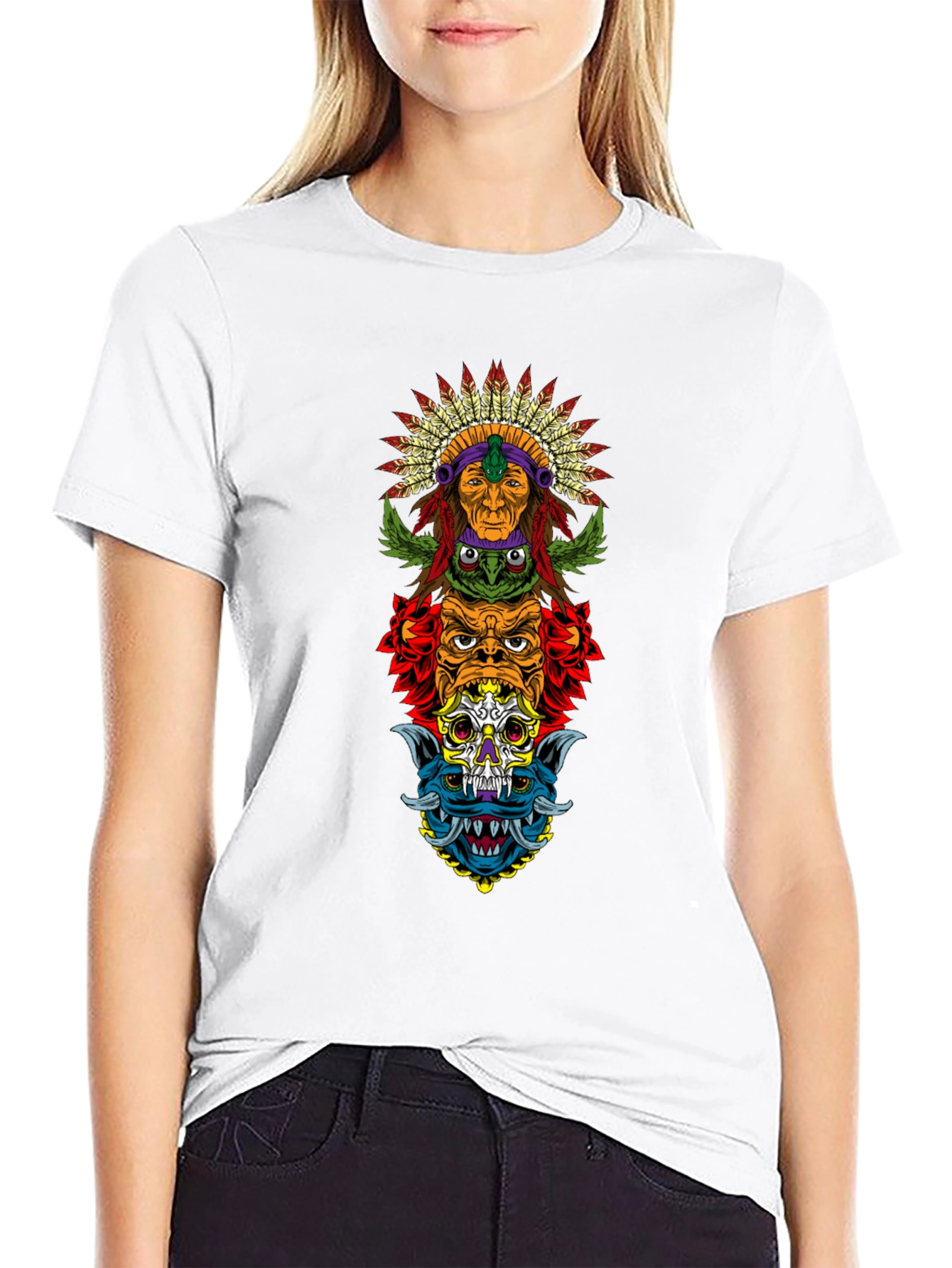 Totem Pole Graphic Print Black T-Shirt