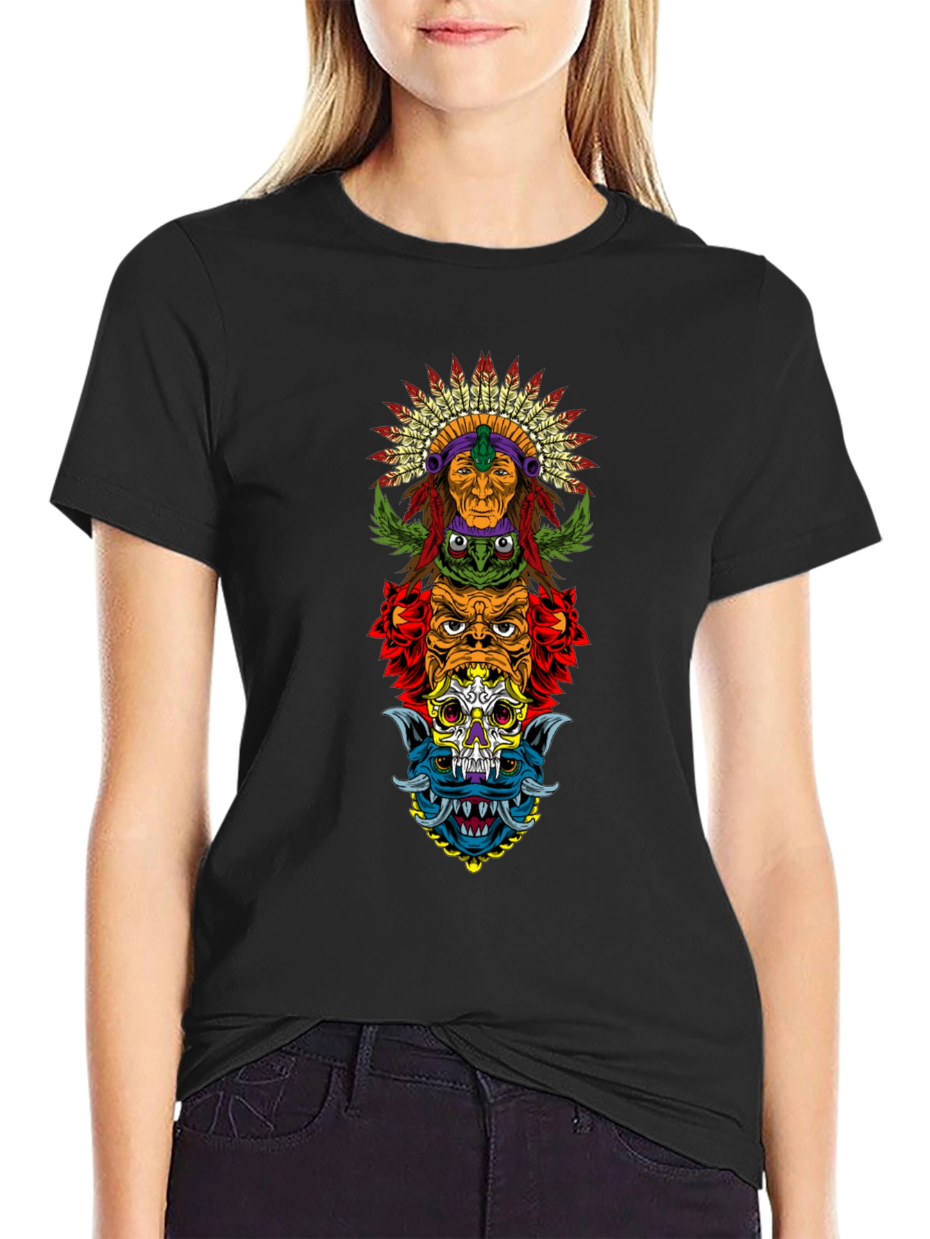 Totem Pole Graphic Print Black T-Shirt