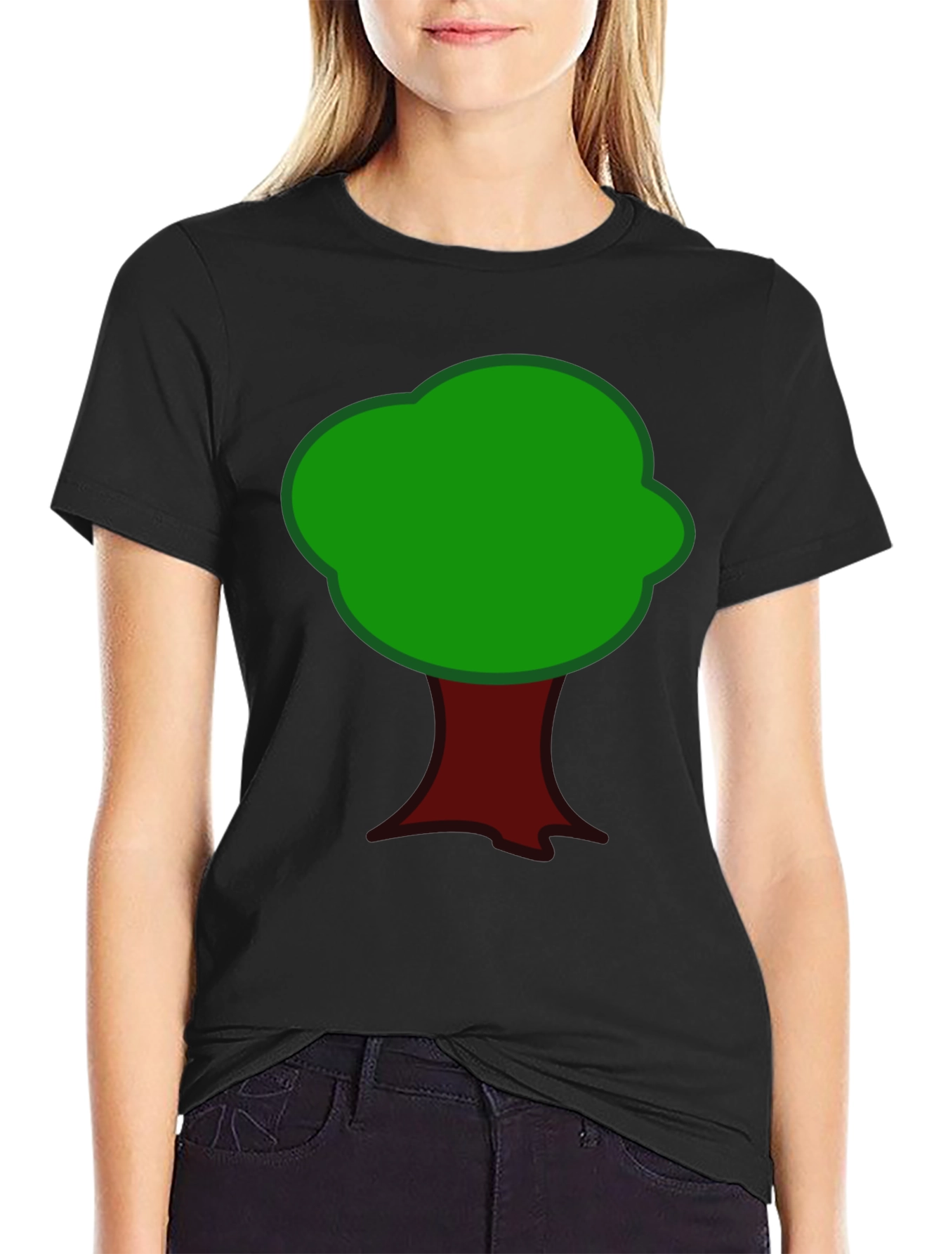 Cartoon Tree Graphic Tee - Black Cotton T-Shirt