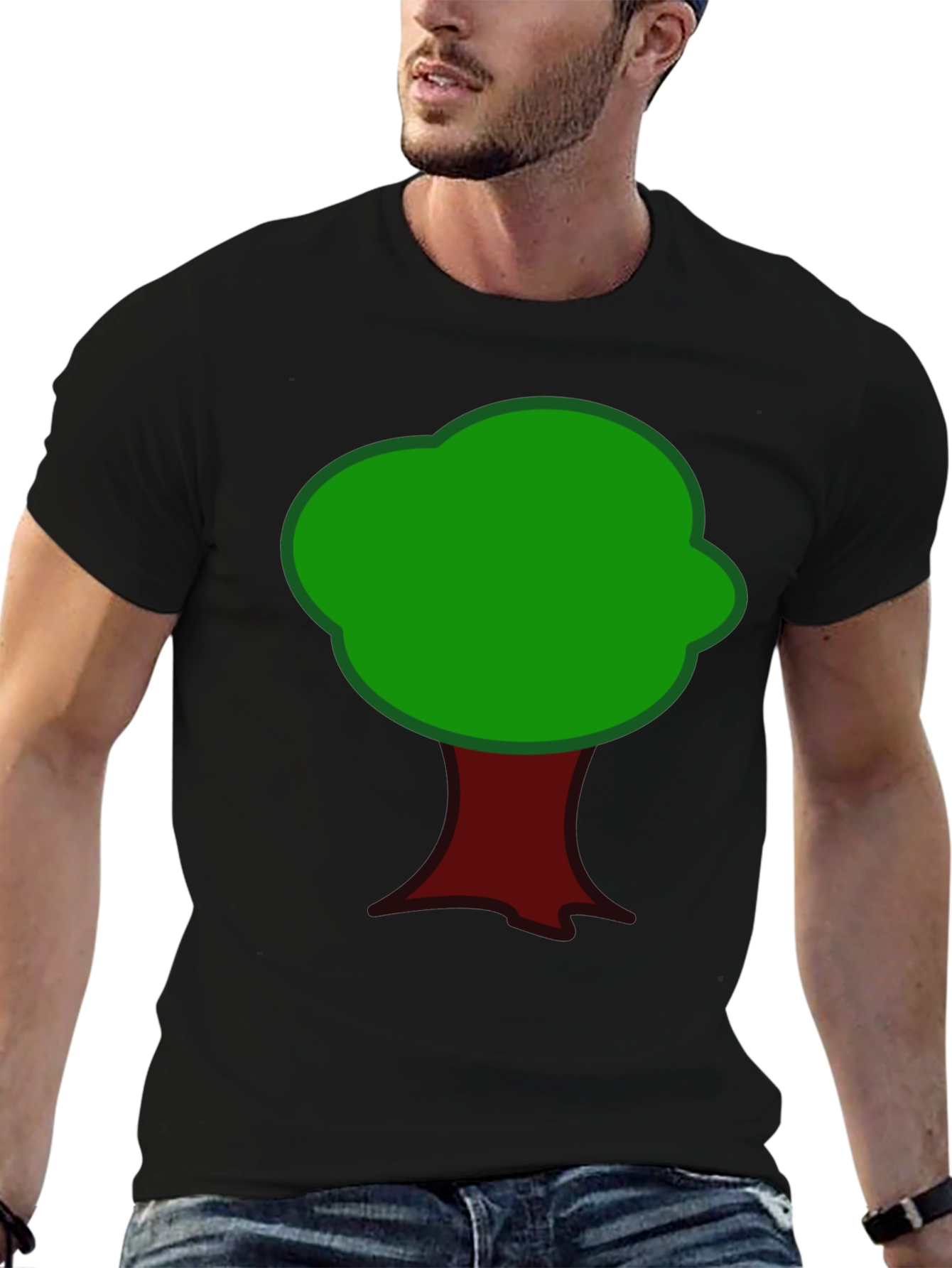 Cartoon Tree Graphic Tee - Black Cotton T-Shirt