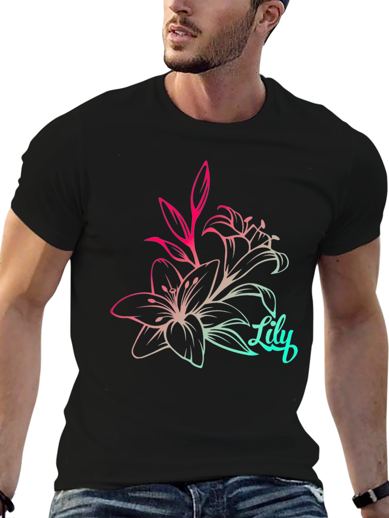 Lily Flower Graphic Tee - Stylish Black T-Shirt