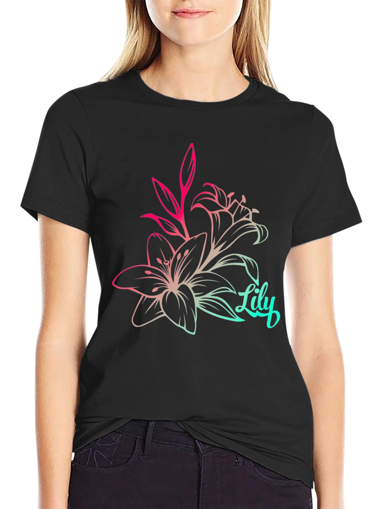 Lily Flower Graphic Tee - Stylish Black T-Shirt