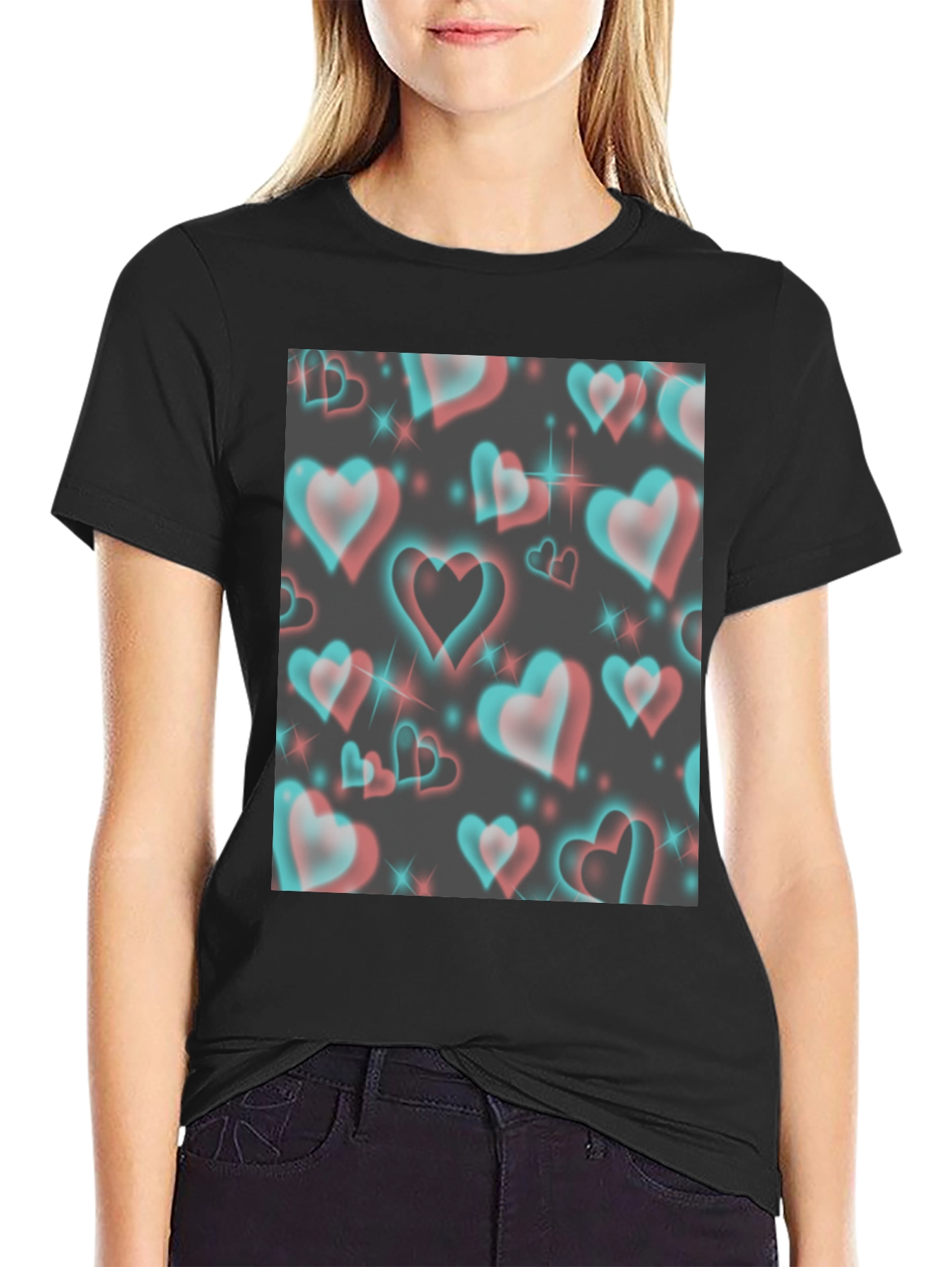 Retro 3D Hearts Pattern Black Tee
