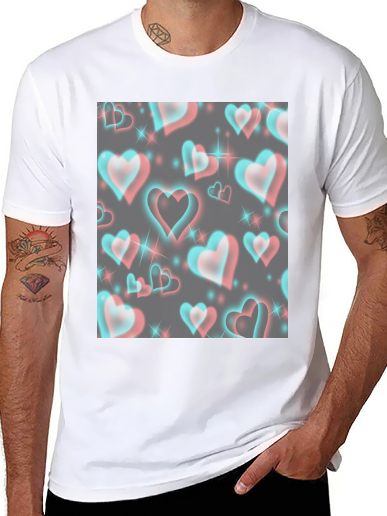 Retro 3D Hearts Pattern Black Tee