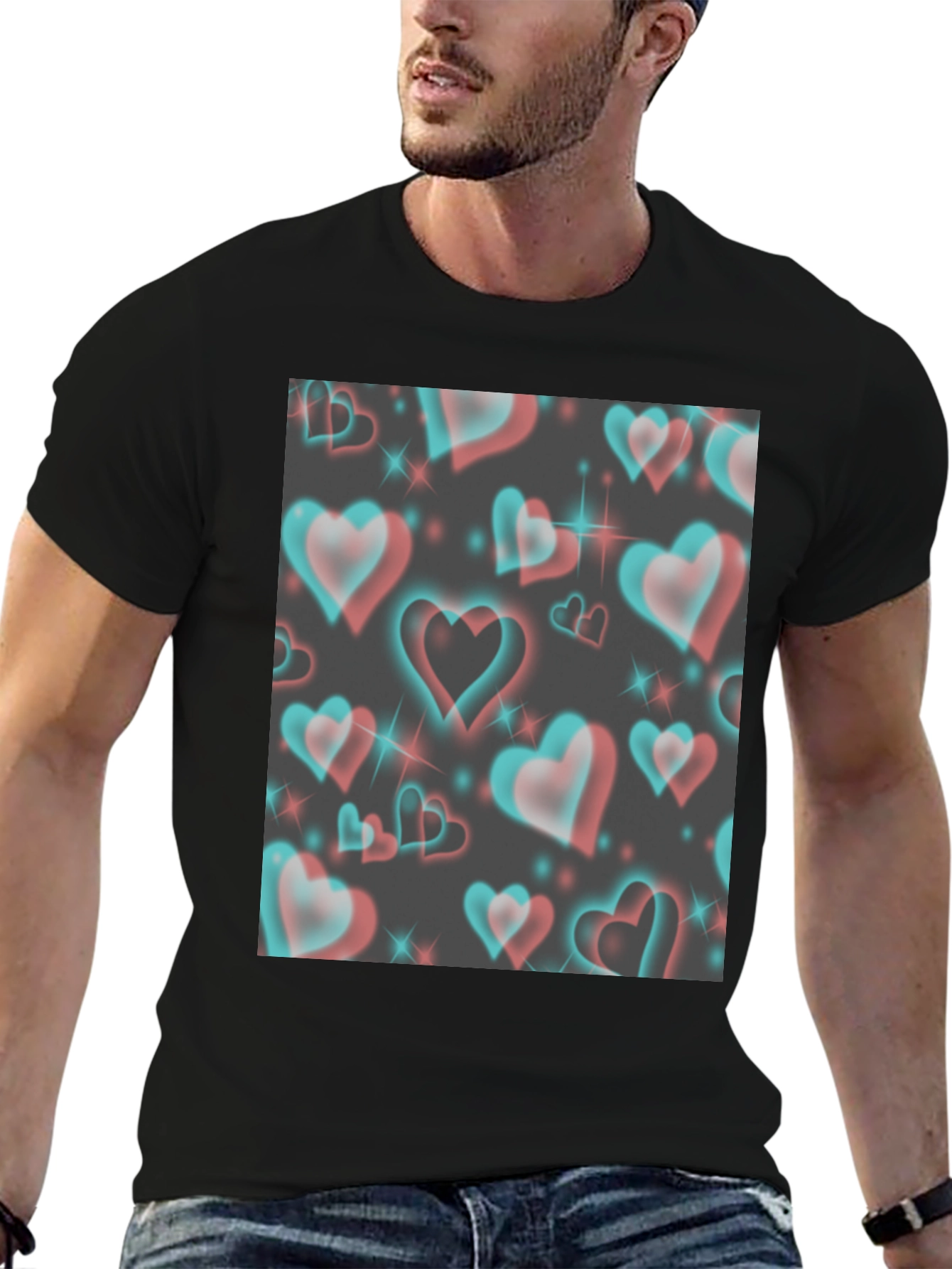 Retro 3D Hearts Pattern Black Tee