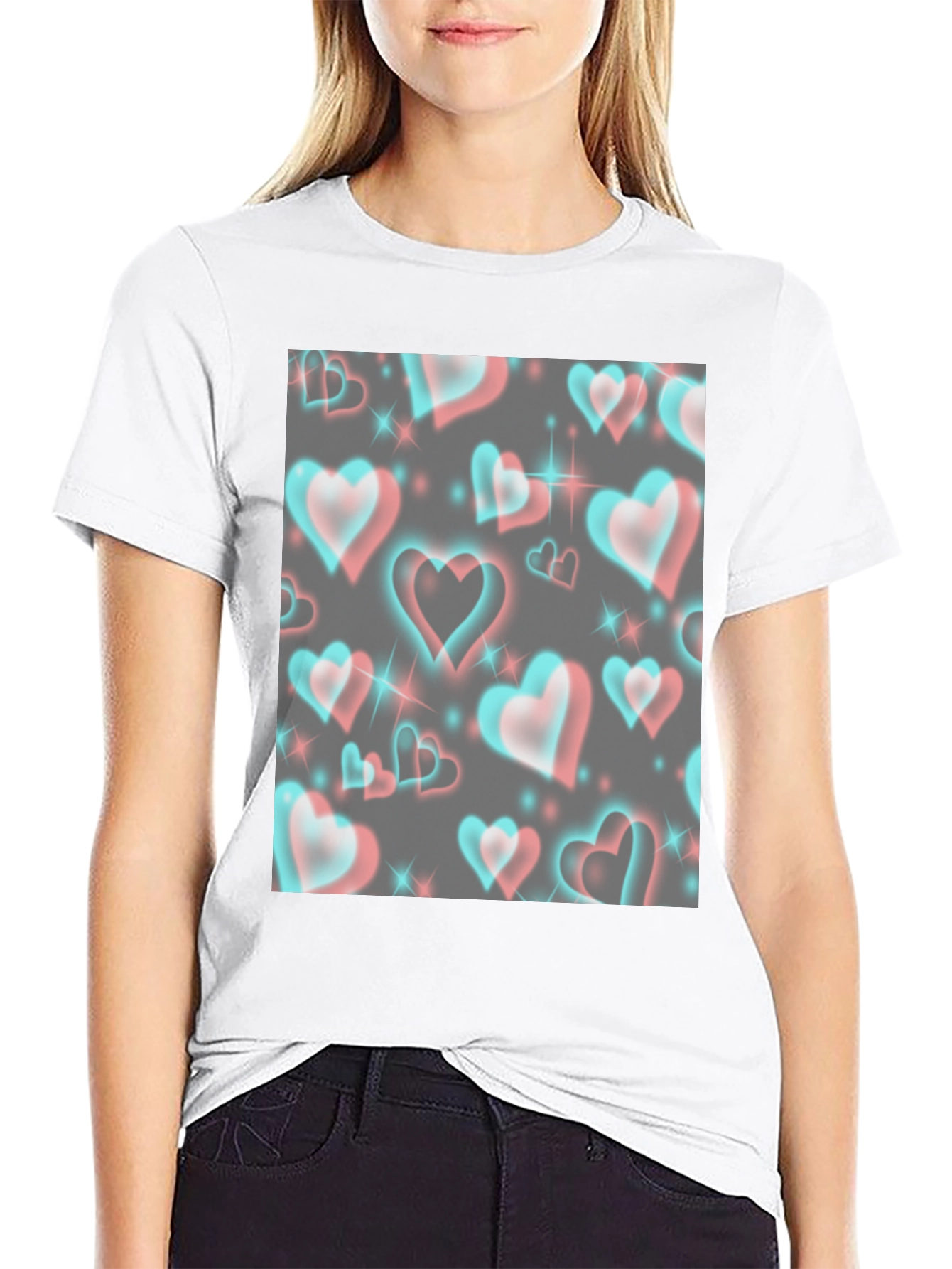 Retro 3D Hearts Pattern Black Tee