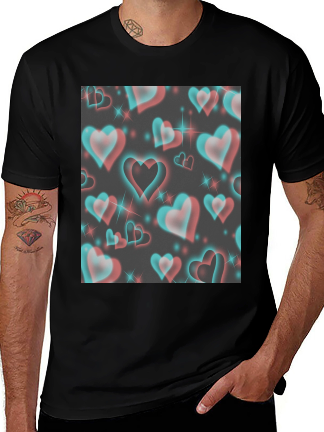 Retro 3D Hearts Pattern Black Tee