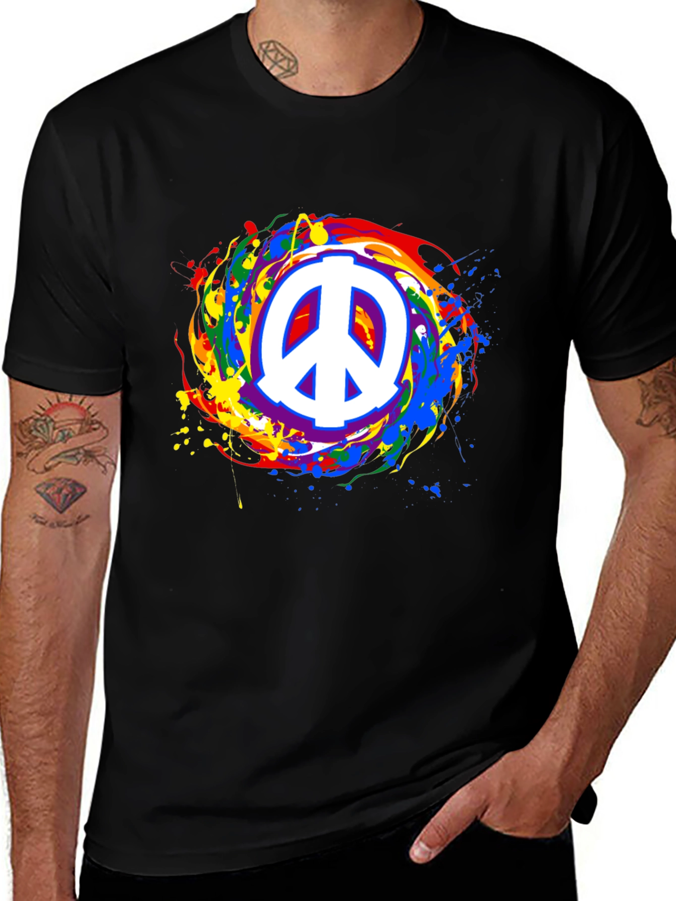Peace Sign Rainbow Splatter Black T-Shirt