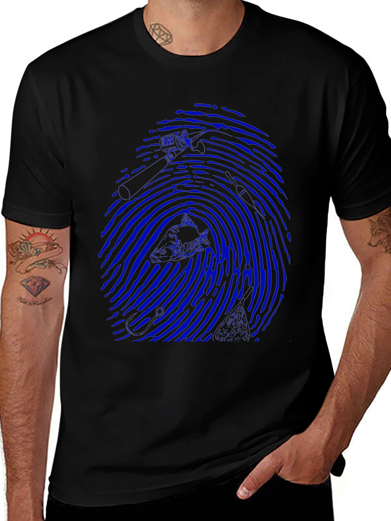 Blue Fingerprint Graphic Black T-Shirt