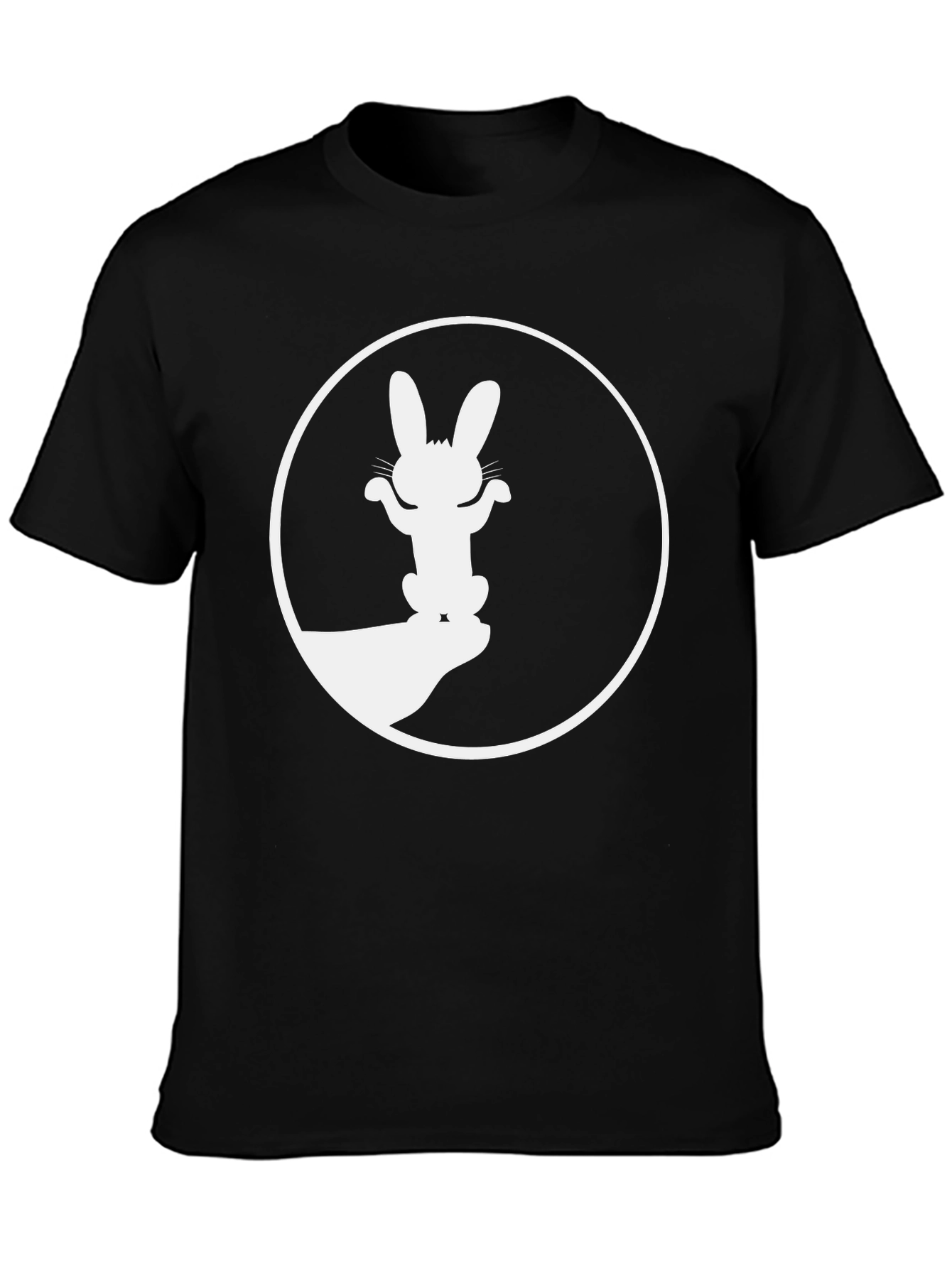 Black T-Shirt with Rabbit Shadow Art Graphic