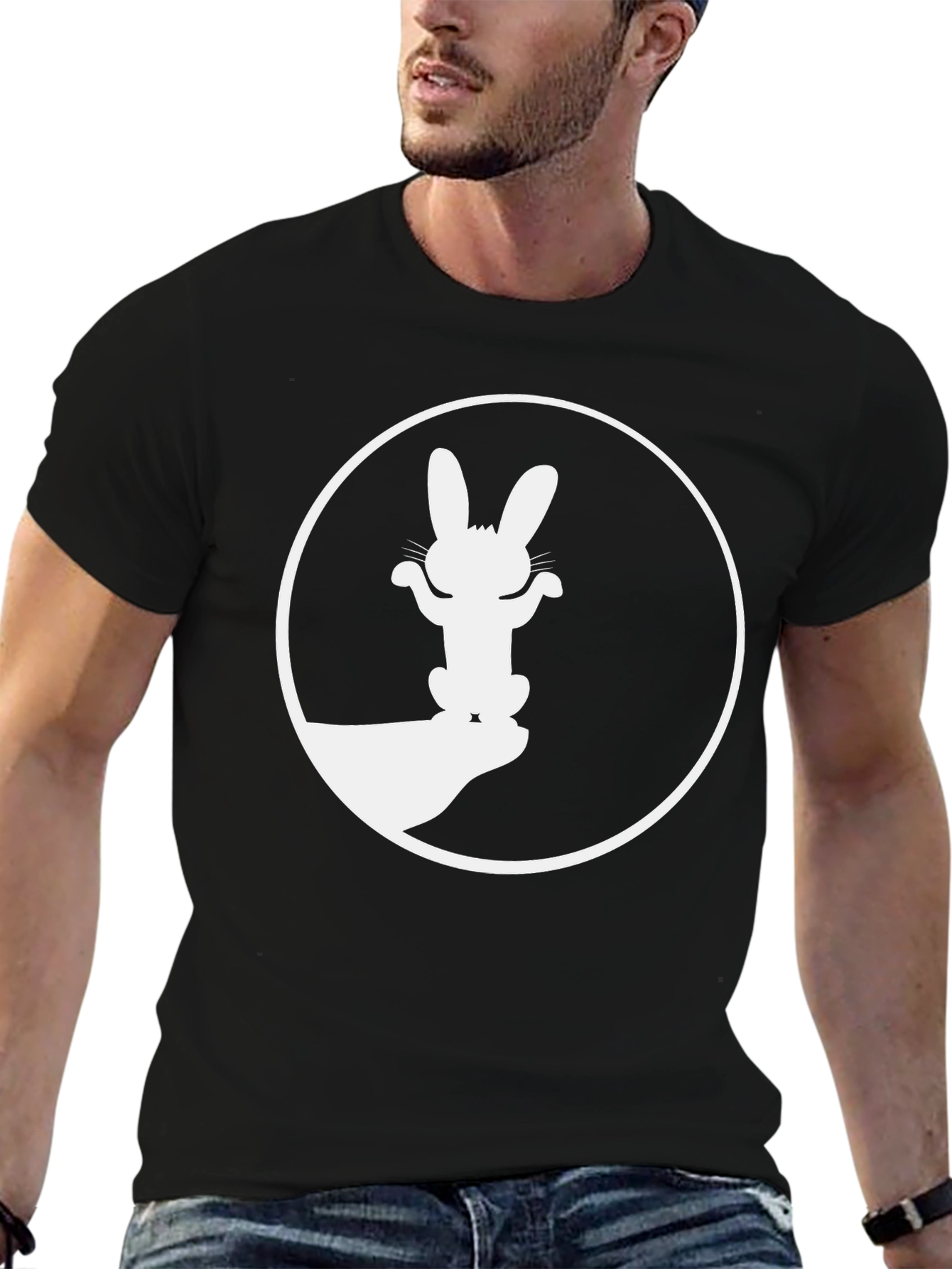 Black T-Shirt with Rabbit Shadow Art Graphic