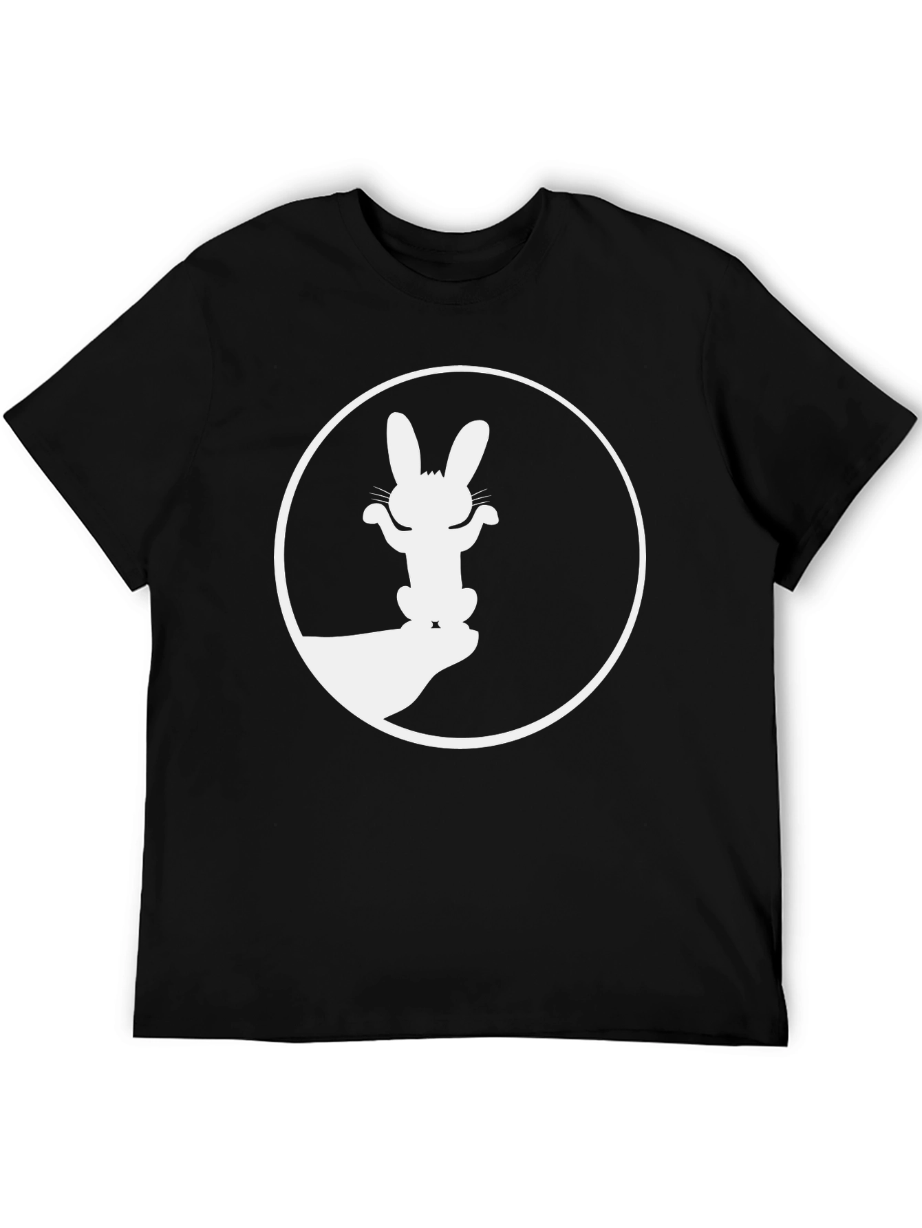 Black T-Shirt with Rabbit Shadow Art Graphic