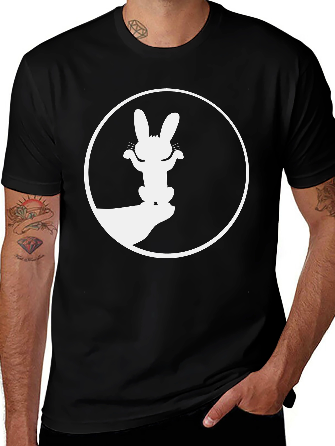 Black T-Shirt with Rabbit Shadow Art Graphic