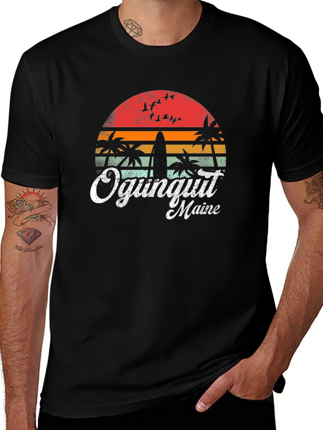 Ogunquit Maine Surfboard Retro Sunset T-Shirt