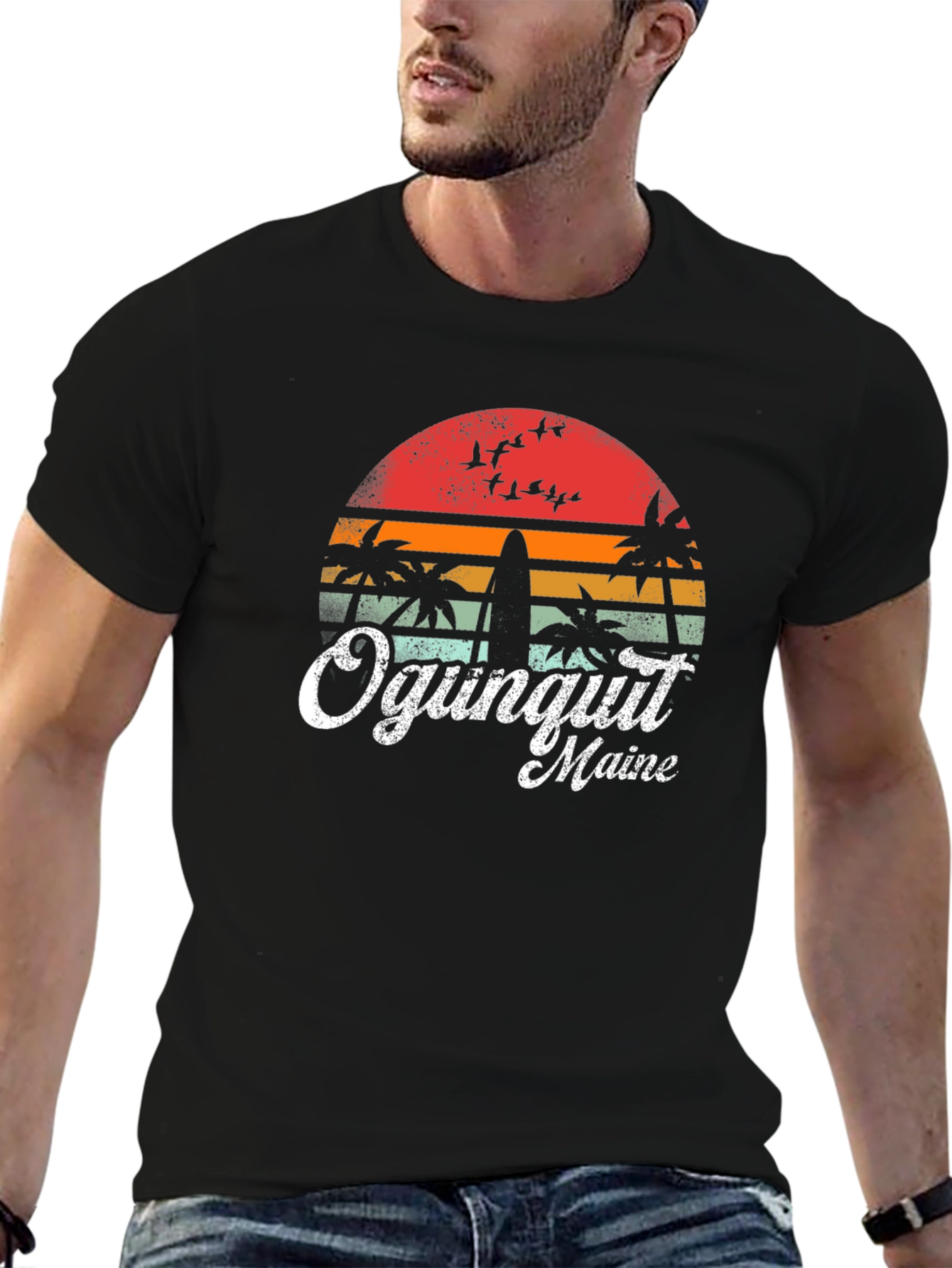 Ogunquit Maine Surfboard Retro Sunset T-Shirt