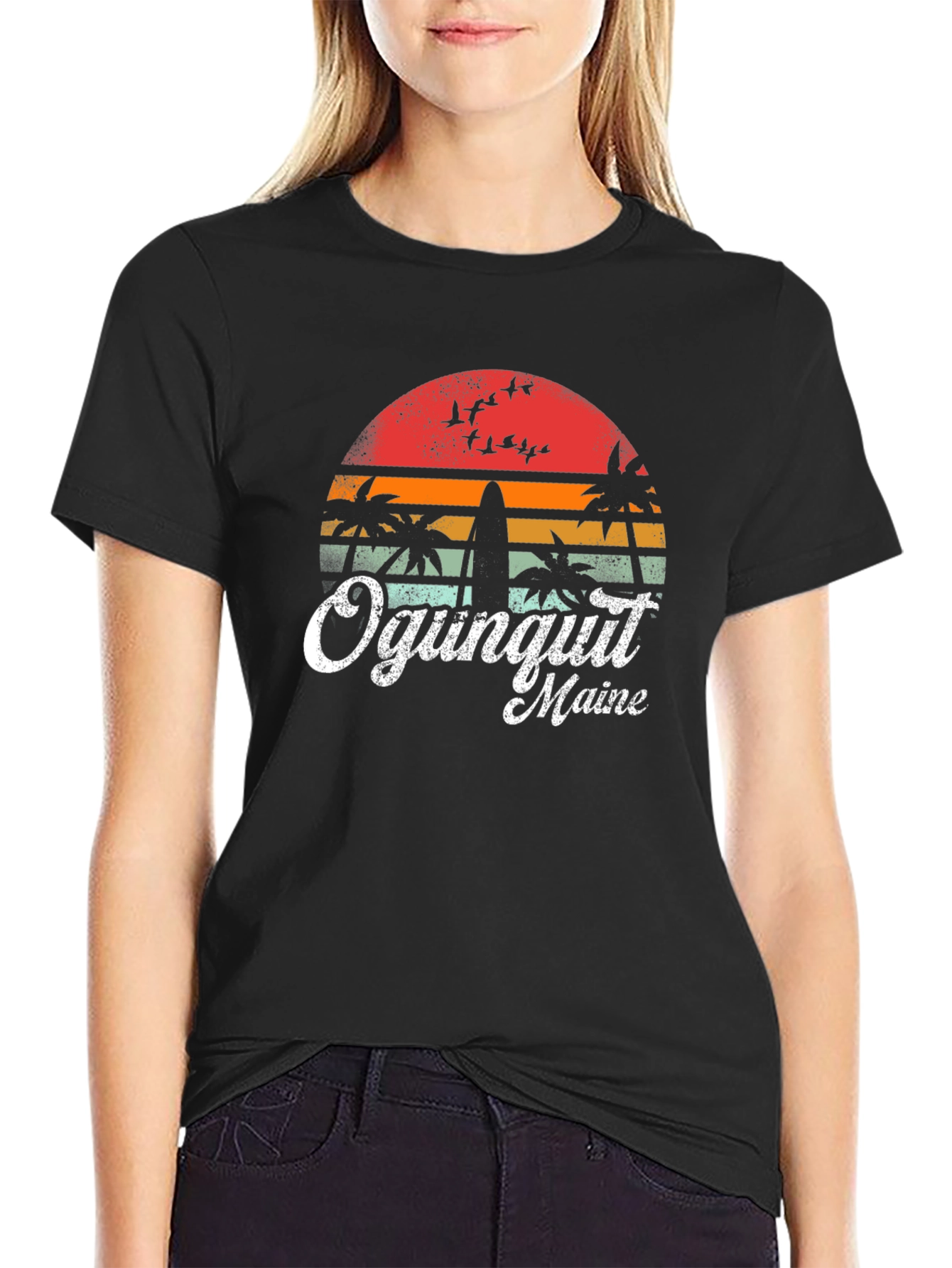 Ogunquit Maine Surfboard Retro Sunset T-Shirt