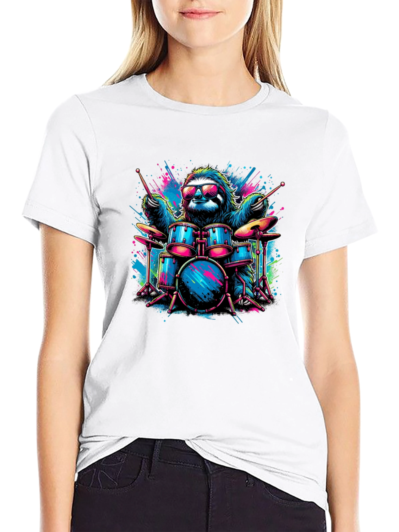 Cool Sloth Drummer Graphic T-Shirt - Black