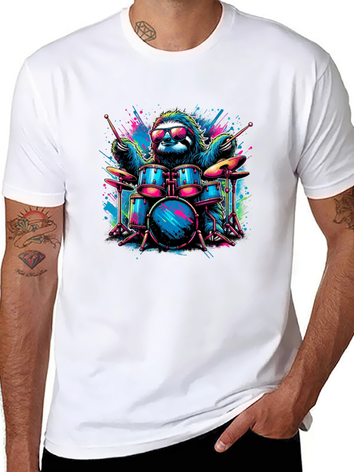 Cool Sloth Drummer Graphic T-Shirt - Black