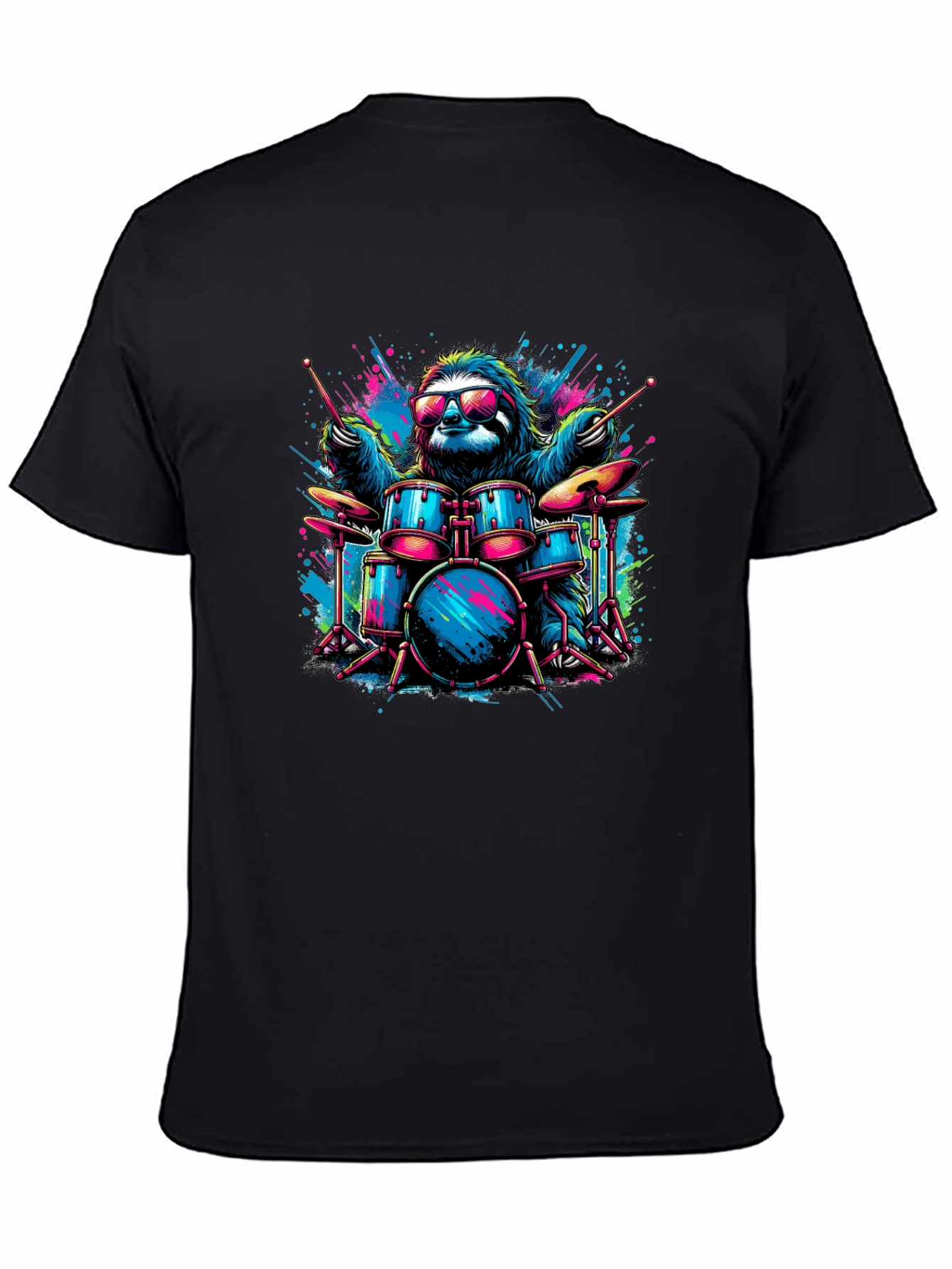 Cool Sloth Drummer Graphic T-Shirt - Black
