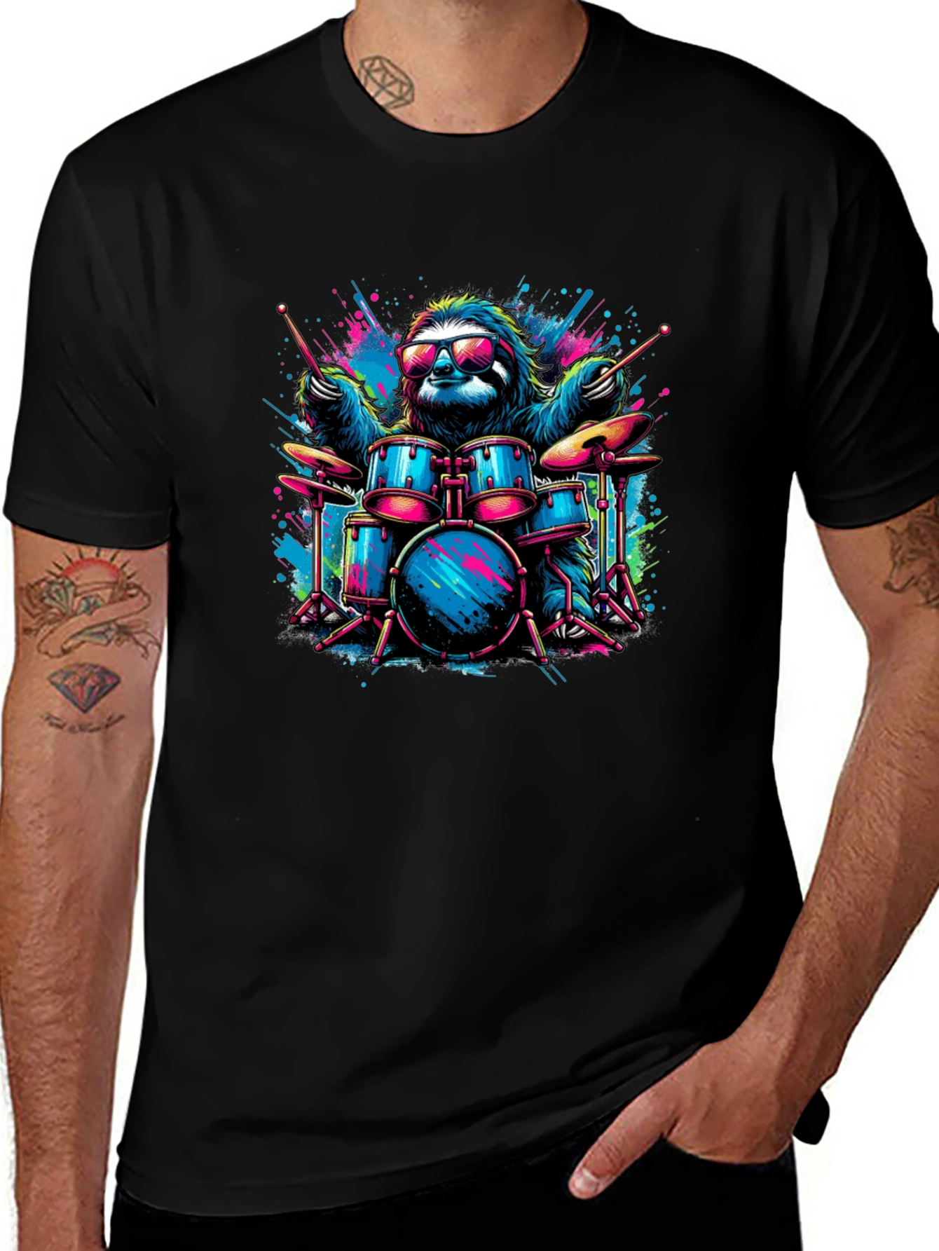 Cool Sloth Drummer Graphic T-Shirt - Black