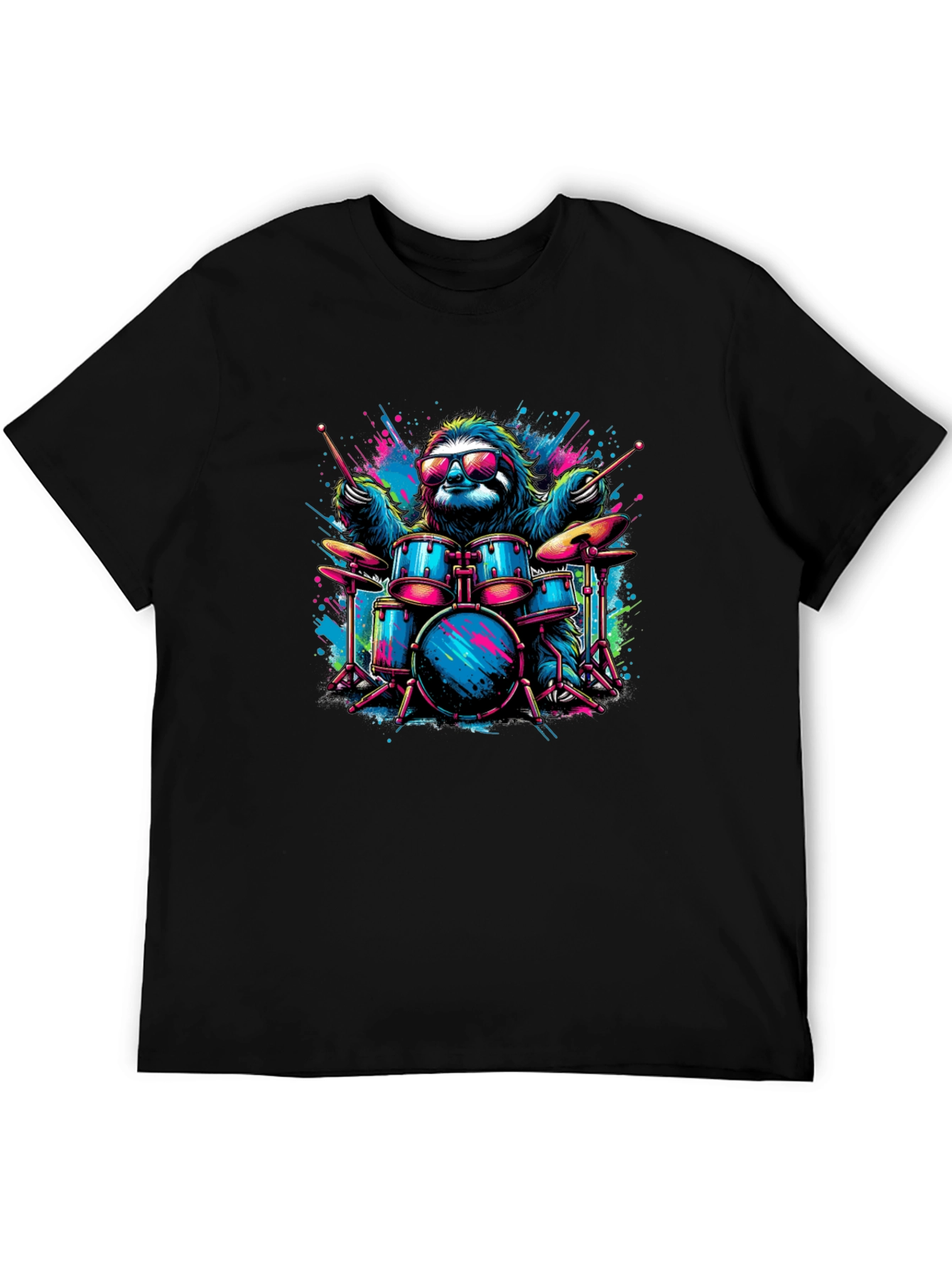 Cool Sloth Drummer Graphic T-Shirt - Black