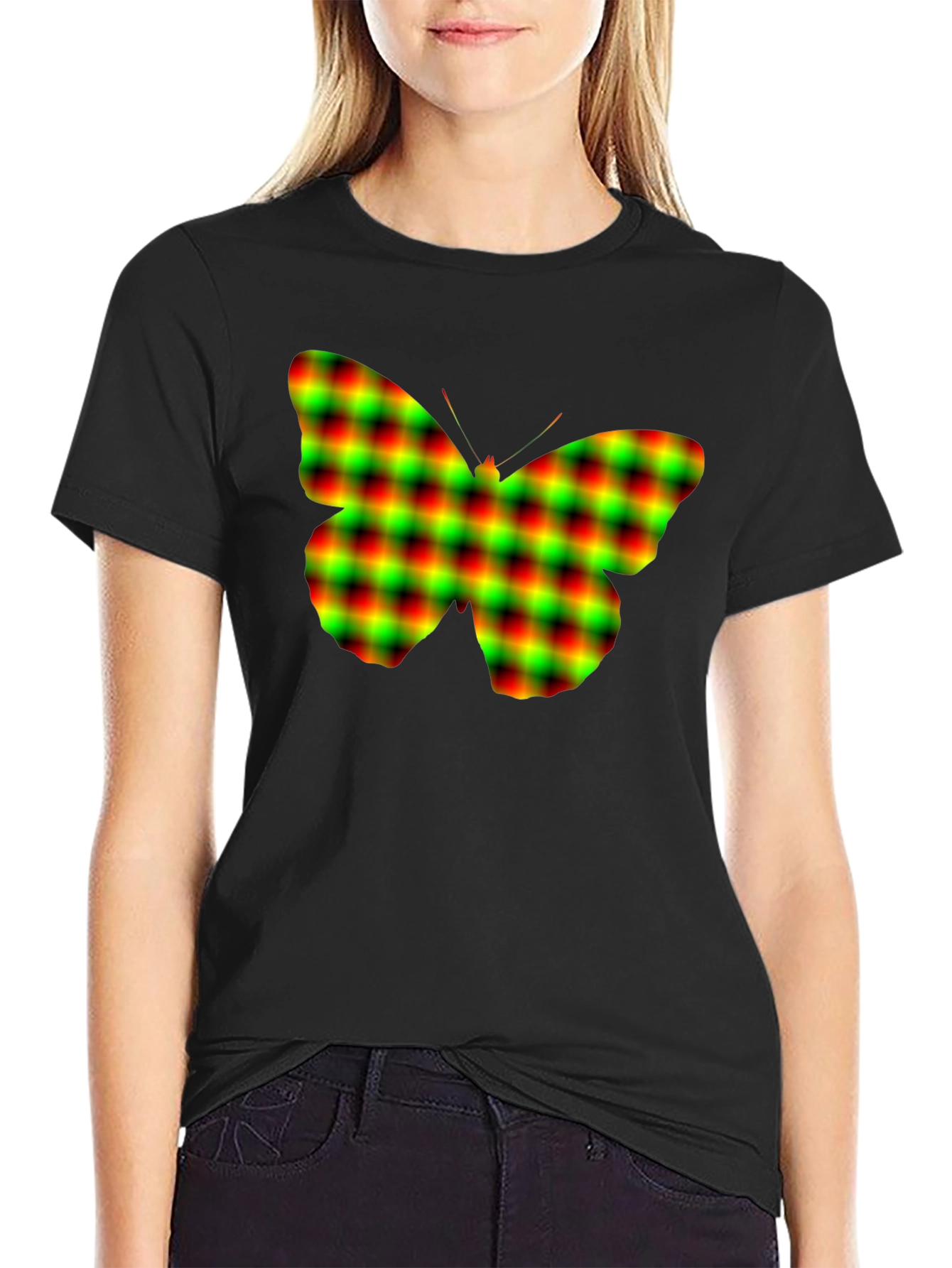 Butterfly Plaid Graphic Tee - Soft Black Cotton T-Shirt