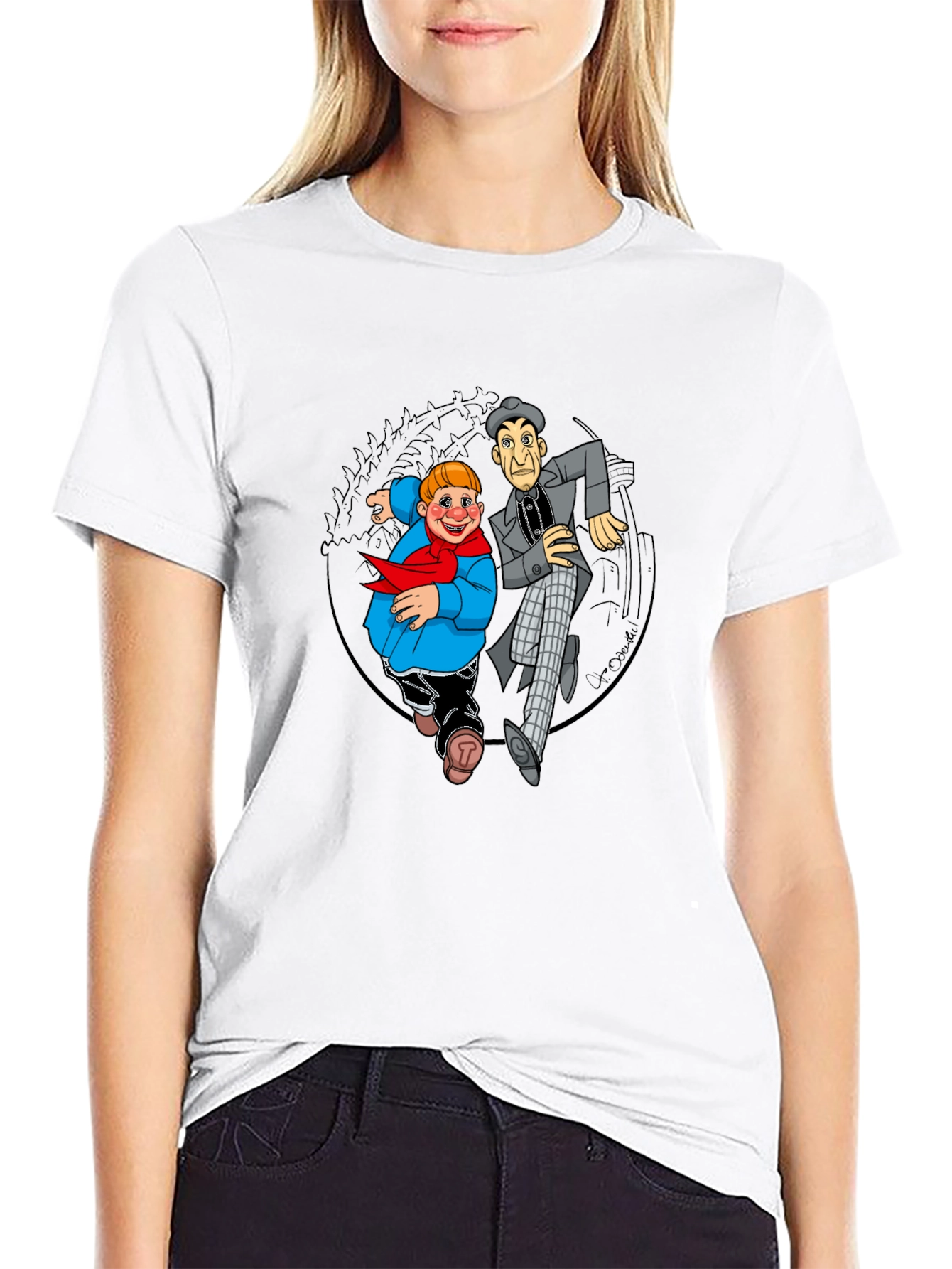 Cartoon Duo Graphic T-Shirt - Black Crew Neck