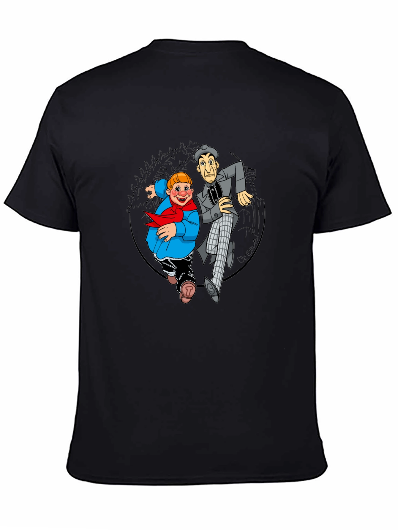 Cartoon Duo Graphic T-Shirt - Black Crew Neck